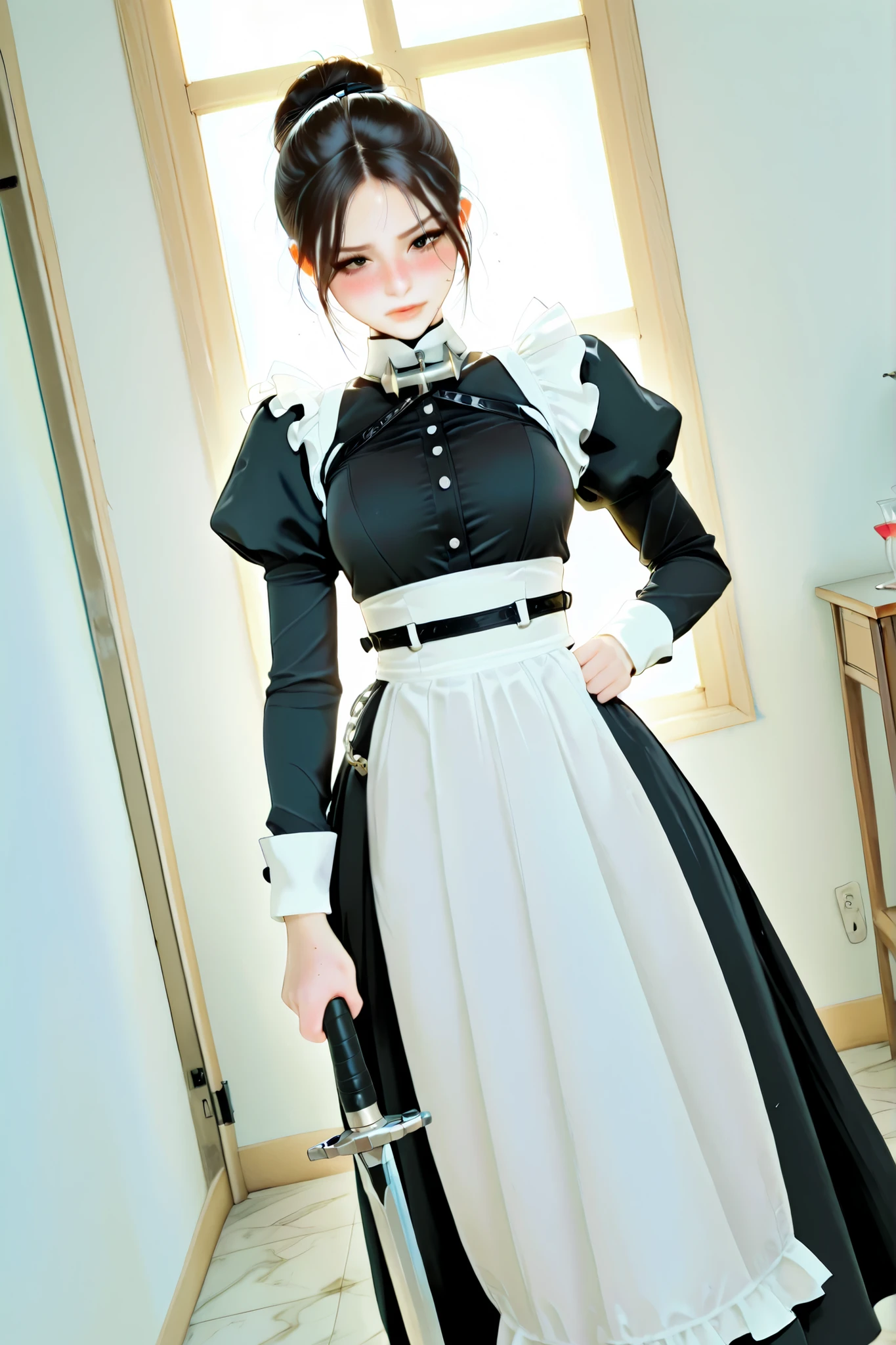 masterpiece, best quality, cinematic lens effect, highly dramatic image, beautiful eyes, ultra cute, ultra modeled, ultra detailed, 8k, exciting, dutch angle, 1 girl, anime, blush, girl, freckles, random hairstyle, distressed expression, random hair, body shot, anime maid ready for battle, black and white maid outfit, perfect saber posture type, refined, the long skirt fluttering out of the curve, cool and composed expression, the polished marble floor reflects her moving silhouette, dust rising due to sudden movement, light coming in through a window, 4k hd lighting glorious photography, fantastic sun glare keeping her skin glowing or her sweat drops.