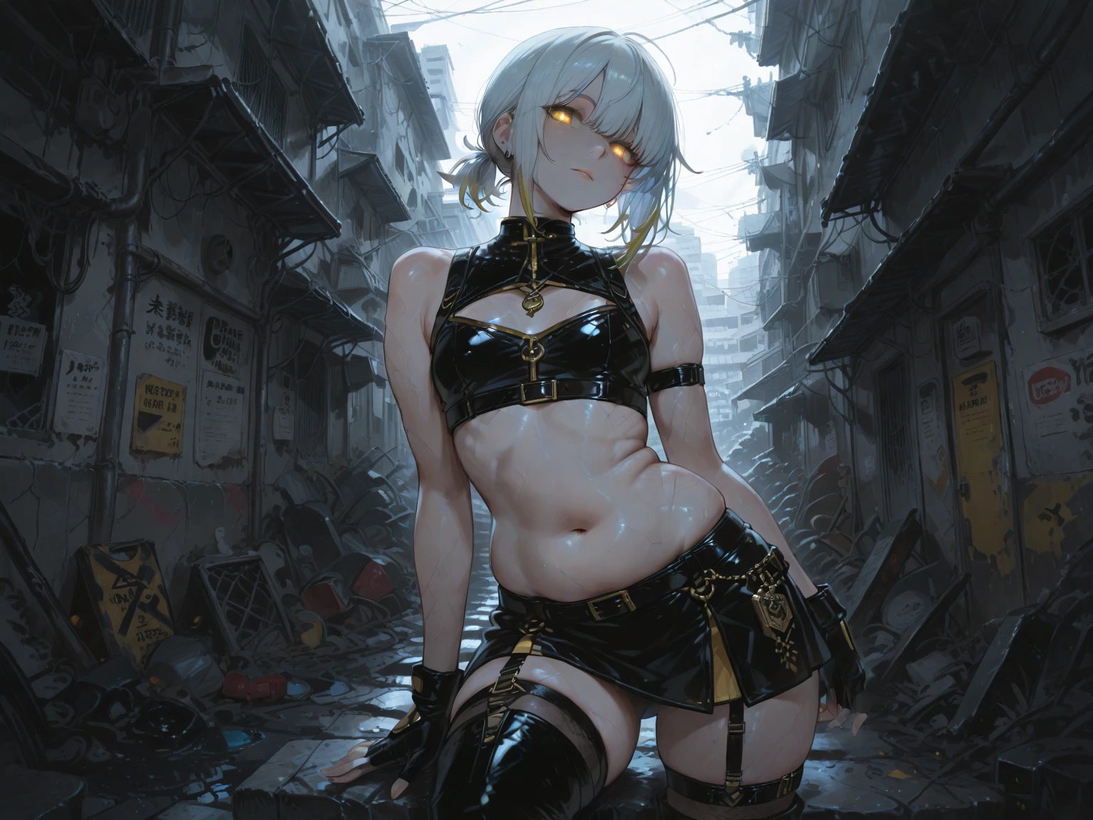 ((best quality)), ((masterpiece)), (detailed), 1 women pornstar elf dark knight, 8k_wallpaper, extremely detailed eyes, (large masterpiece digital art), (intricate details:1.3 ), (ultra-detailed:1.3), (sharp focus:1.3), (natural lighting:1.05), (vivid colors:1.3), (best quality:1.4), high quality, expressive eyes, full body, detailed face, beautiful face, perfect face, ((hair sandy white curls)), ((dragon dark silver horns)), (gold eyes), {{gray blue skin}}, ({gray blue skinned female}), big breasts, huge chest, powerful relief muscles of the abdomen and legs, powerful strong muscles of the arms, abdominal piercings, cruel predatory and cold-blooded arrogant look, a predatory smile with many fangs, open kimono of yellow and red silk, white croptop with transparent wet cloth, under the clothes the clear outlines of large pointed nipples with piercings in the form of crosses appear, torn leather pants, the outlines of a wet vagina are clearly visible, steel gloves, wet, dirty, covered in blood, walking along the road between the houses of a destroyed village, dark cruel fantasy style,