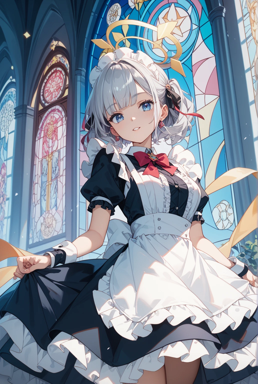 masterpiece, best quality, illustration, fighting pose, 1girl, noelle genshin impact, short silver hair, green eyes, maid skirt with red side parts, maid knight, maid knight armor, castle bridge, water,