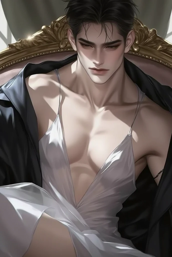man, masculine, masculine face, attractive, muscular, ((1man)), masterpiece, absurdres, best quality ,intricate details , (shiny skin, shiny body, shiny oily luster skin, shiny hair, pale skintone), Sundown, attractive, ((muscular)), adult, one, tattoo in his chest ,black blouse, earrings, black pants, Don't look at the view , Not looking at the view, red short hair, perfect detailed face, perfect detailed hands, vampire, blue eyes, ((MLS)), medium large shoot