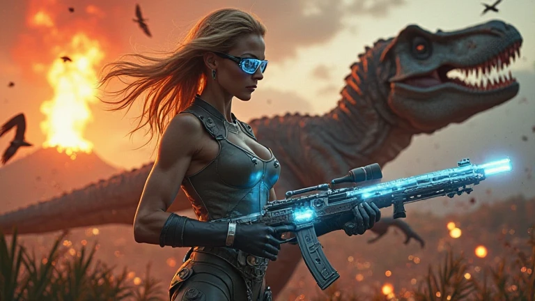 Aerial view, giant petrified beast, waterfall, sci-fi outdoor maze forest as background. Matrix style, at night, dark sky. (1girl, solo), photo realistic, large-breast:1.2 slim:0.9 body, cleavage:1.2, tube top, miniskirt, (matrix style black sunglasses), (holding a mini:1.1 stun gun), half-body thigh level medium shot, cinematic lighting, ray tracing.