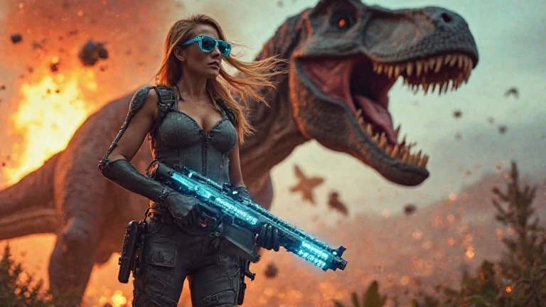 Aerial view, (flying giant petrified beast), waterfall, sci-fi outdoor maze forest as background. Matrix style, at night, dark sky. (1girl, solo), photo realistic, large-breast:1.2 slim:0.9 body, cleavage:1.2, tube top, miniskirt, (matrix style black sunglasses), (holding a mini:1.1 stun gun), half-body thigh level medium shot, cinematic lighting, ray tracing.
