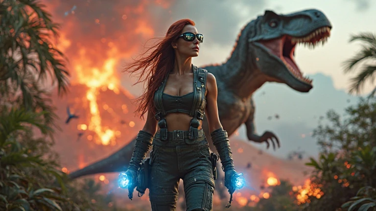 Aerial view, (flying giant petrified beast), waterfall, sci-fi outdoor maze forest as background. Matrix style, at night, dark sky. (1girl, solo), photo realistic, large-breast:1.2 slim:0.9 body, cleavage:1.2, tube top, miniskirt, (matrix style black sunglasses), (holding a mini:1.1 stun gun), half-body thigh level medium shot, cinematic lighting, ray tracing.