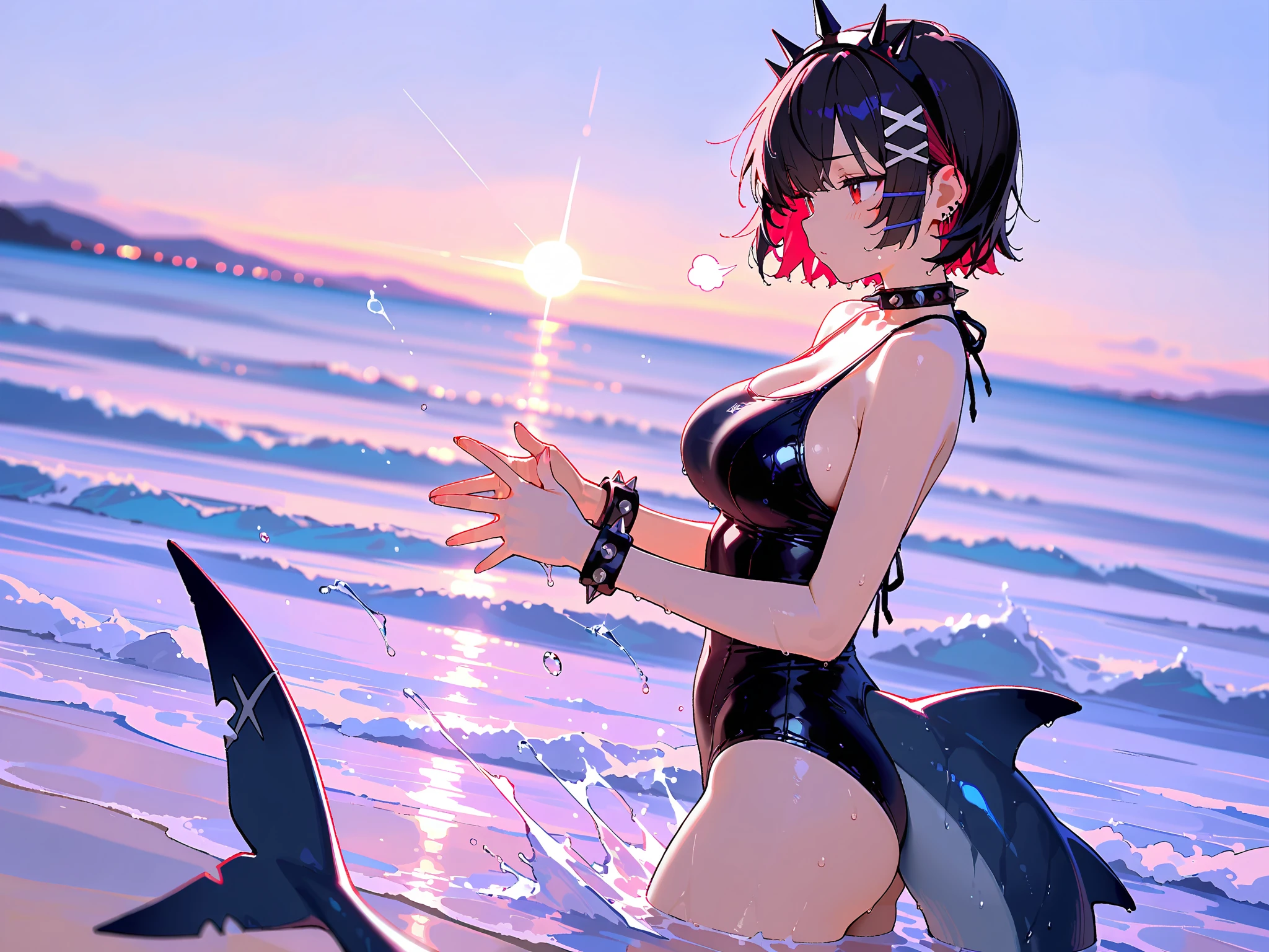 ランダムなポーズ、Random patterned swimsuit、Random patterned swimsuit,Swimsuit,Blushing、short hair、Black Hair、Pale purple eyes、Head to toe full body、Blushing、Embarrassed look、Composition from the front、A view from slightly below、school swimwear、Acme Face、Random pose、, 、nsfw、Highest quality、1 girl、solo、Ocean、Sandy Beach、Sexy pose、Random pose、Blushing、wet、Embarrassed、I can see half of my 、、One piece swimsuit、(Strap slip:1.3)、