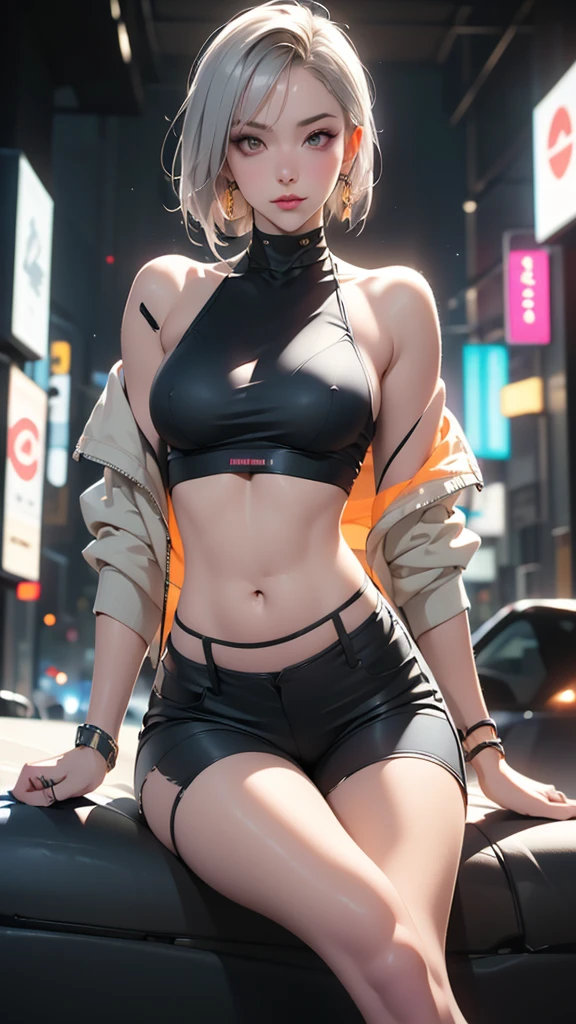 (ultra-realistic, highres, best quality, 4k, professional, cowboy shot), an illustration in Full HD that showcases a 21-year-old girl's cool style. Her Asymmetric Pixie hairstyle, silver hair, and left-facing bangs with red highlights make her stand out. She's dressed in a fashionable bikini, exuding confidence and individuality.