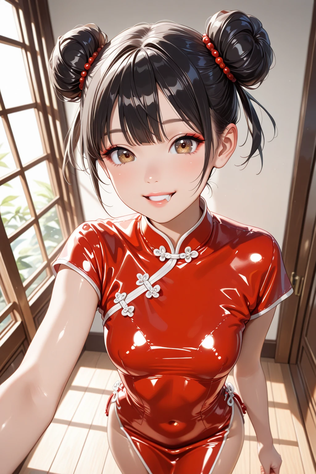(((UHD)), ((highest quality)), ((masterpiece)), (Very detailed), (High resolution), (Beautiful detailed sparkle), (High detail), (Anatomically correct)), ((Realistic)), ((The best CG)), Ultra-detailed art, CG illustration, 8k, 1080P, Photorealistic:1.37, Anime 2D Rendering,
(((One Woman, Curvy Women))),
(Symmetrical facial features:1.4, Perfect Face), Beautiful clavicle, (Beautiful fingers), (((Beautiful breasts, Slightly smaller chest))),
Beautiful body, Beautiful thighs, Beautiful feet, Perfect round butt, (((Detailed skin, Oily skin, Textured skin, Beautiful white skin:1.4))),
(((Baby Face, cute, 20-year-old))),
(Droopy eyes, Expression of fine eyes, Beautiful and delicate eyes, Sparkling eyes, Eye Reflexes, Dark Eyes),
(Beautiful Nose,Thin Nose),
(Smaller mouth, Glossy Lips, Beautiful Lips, thick lips),
(Beautiful Hair, Shiny Hair, Shiny Hair), (((Black Hair, Straight Long Hair, Forehead, Double bun hairstyle))),
(Red sleeveless high-necked Chinese dress:1.4、Long Chinese Dress:1.4)、Earrings、choker、
BREAK
(smile, Open your mouth a little),
(Medium Shot),
BREAK
((Sitting on a sofa in a nightclub)), ((Top view))