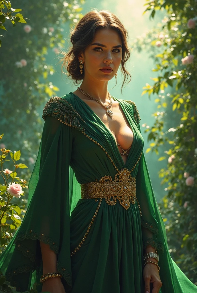 The Damsel in Distress (Kate Mara 25, sheer green dress gold trim, nude underneath) Damsel is flattering the dragon in its lair. Damsel is scratching Dragon's head to calm it
