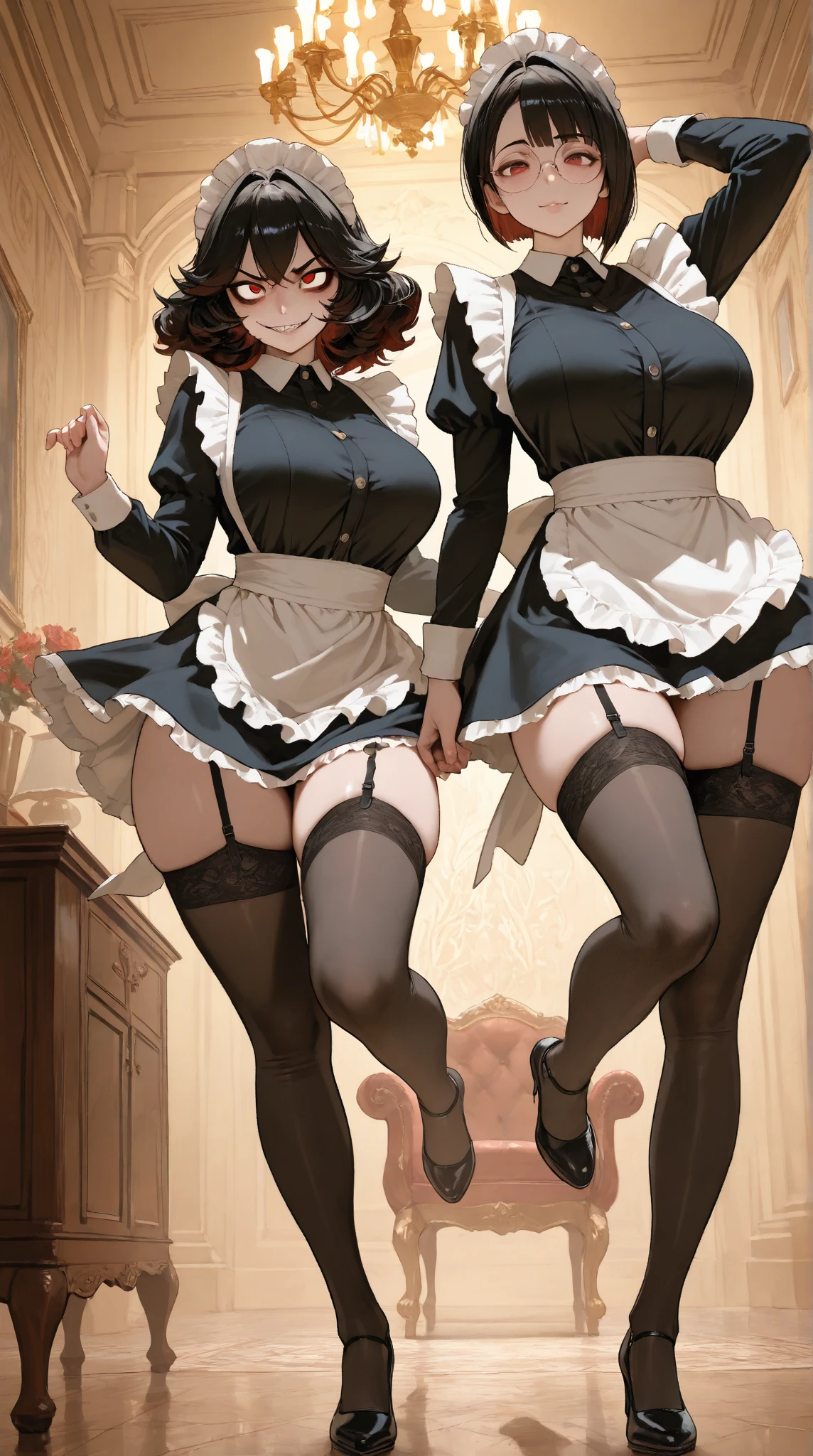 Two women wearing maid clothes are standing, standing showing pink pantieultiple, women group, 2 people, high ponytail, slender body, large breasts,erection of nipple, panties, underwear, skirt, lacy pink panties、dark pink, Draw panties with super precision, side-tie panties, satin panties, lying, thighhighs, garter belt, skirt lift, show off panties, realistic
