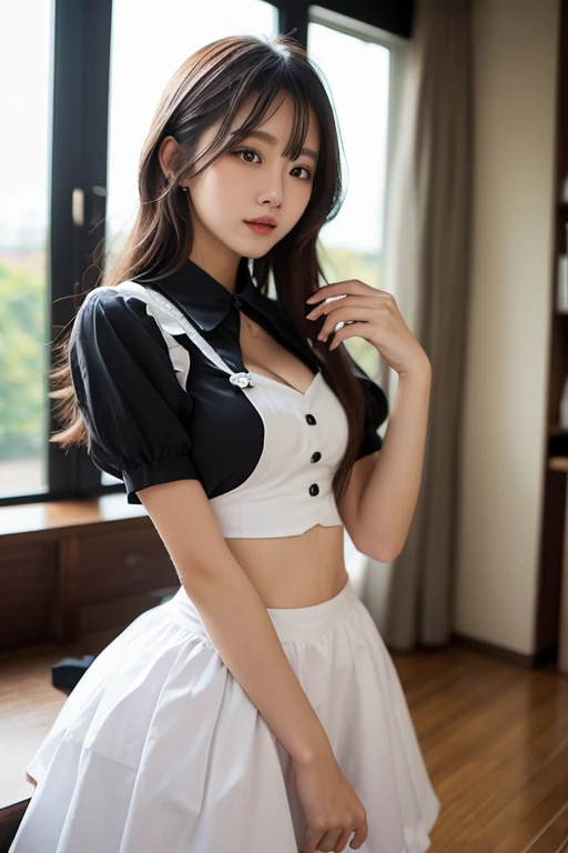 Pretty girl, white blouse and black skirt, cute panties, front, from below