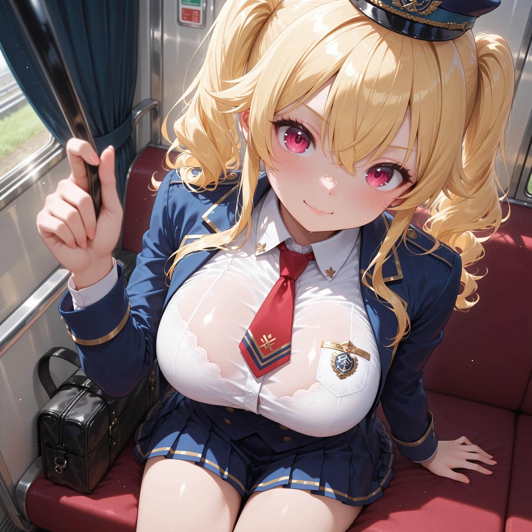 masterpiece, highest quality, Very detailed, 16k, Ultra-high resolution, Cowboy Shot, Detailed face, Perfect Fingers, 22-year-old female, Big Breasts, smile, blue eyes, Blonde, Braid, business attire, Inside the Shinkansen, Chair seats, sit