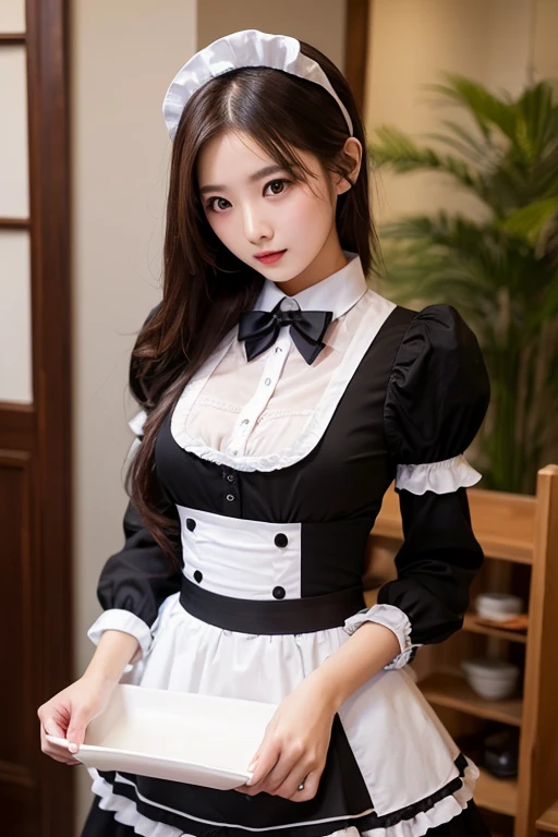 <lora:laurenelise-07:0.5>, lauren elise, photo of a woman, ((maid hat, maid uniform, maid dress, living room, vacuum)), smiling, (lipstick, blush, eye shadow), ((best quality, masterpiece, extreme details, high resolution):1.2),((detailed eyes, beautiful eyes, detailed face, beautiful face):1.2)