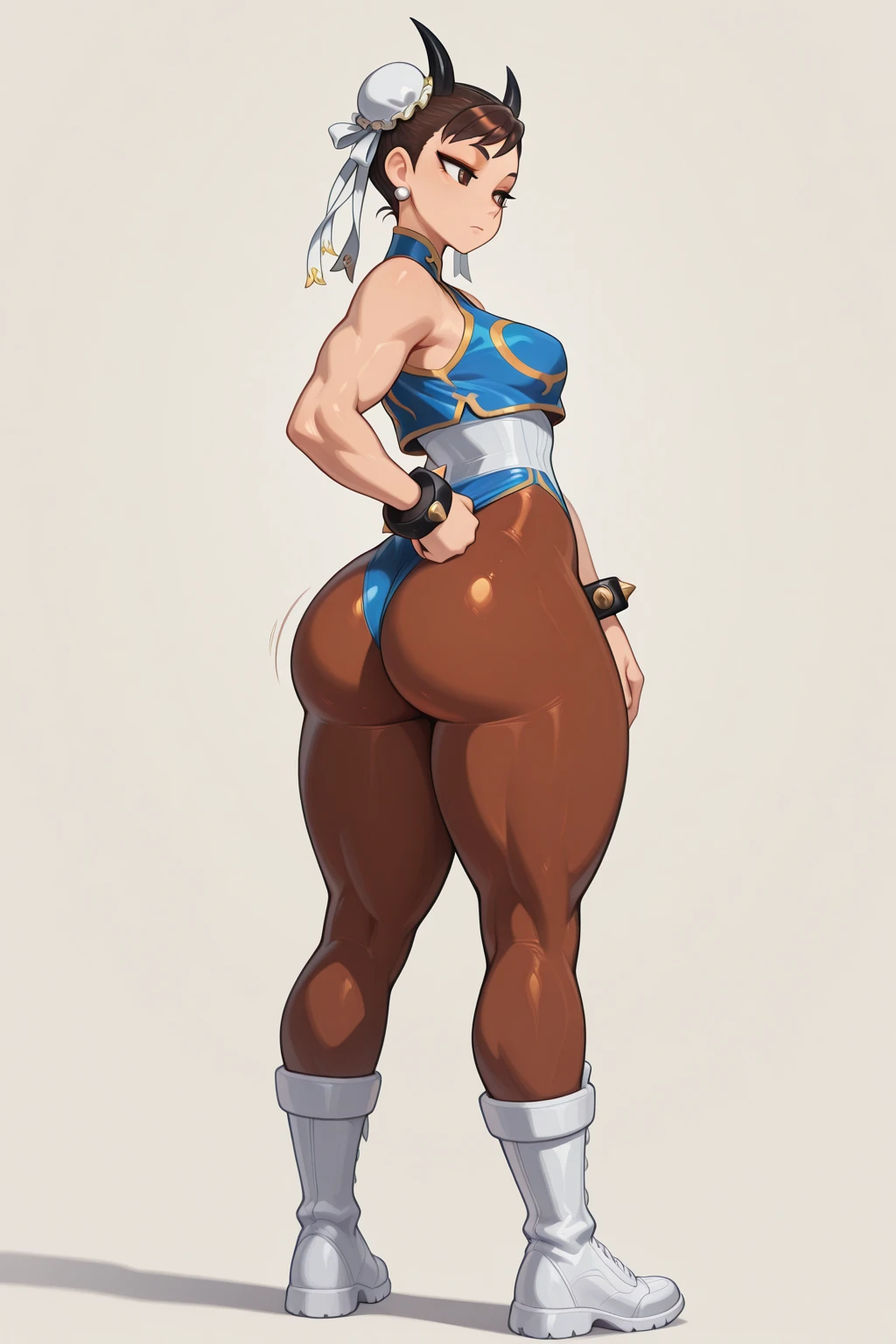 Drawing of cammy_white, cammy sf6,1girl, solo, bang, scar on cheek, blonde hair, blue eyes, short hair, (((Plain background:1.2))) (masterpiece, high quality:1.1) 1girl solo full body squatting looking to the viewer, view from below, hairstyle short bob hair cut with a braid, extra long hair, white silver hair, red eyes, HANDS ON HIPS (yellow tiger bikini print long sleeves and long stockings) (dark elf dark skin) (incredibly beautiful full body photo, standing, (((bright eyes))), good anatomy, perfect hand muscular legs))), thin waist, muscular abdomen, wearing black high heel shoes, (((with her back to me showing her big shapely ass to me)))