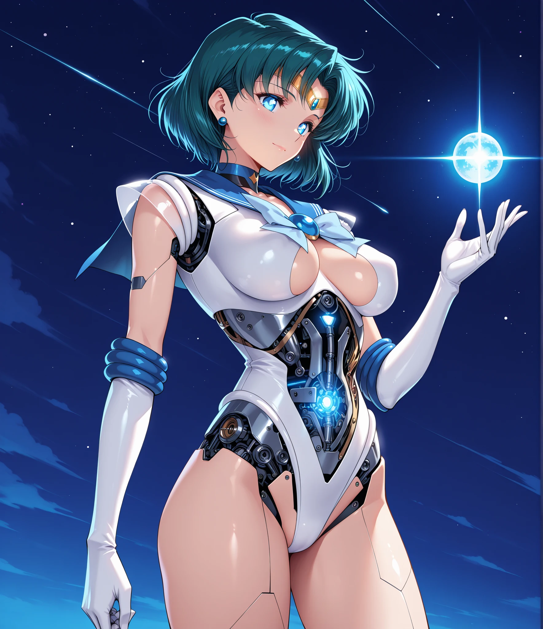 Cream white short messy hair, space ship, space dress (white one piece no extra clothing), sexy slim body, creamy shiny skin, super huge breasts, full body