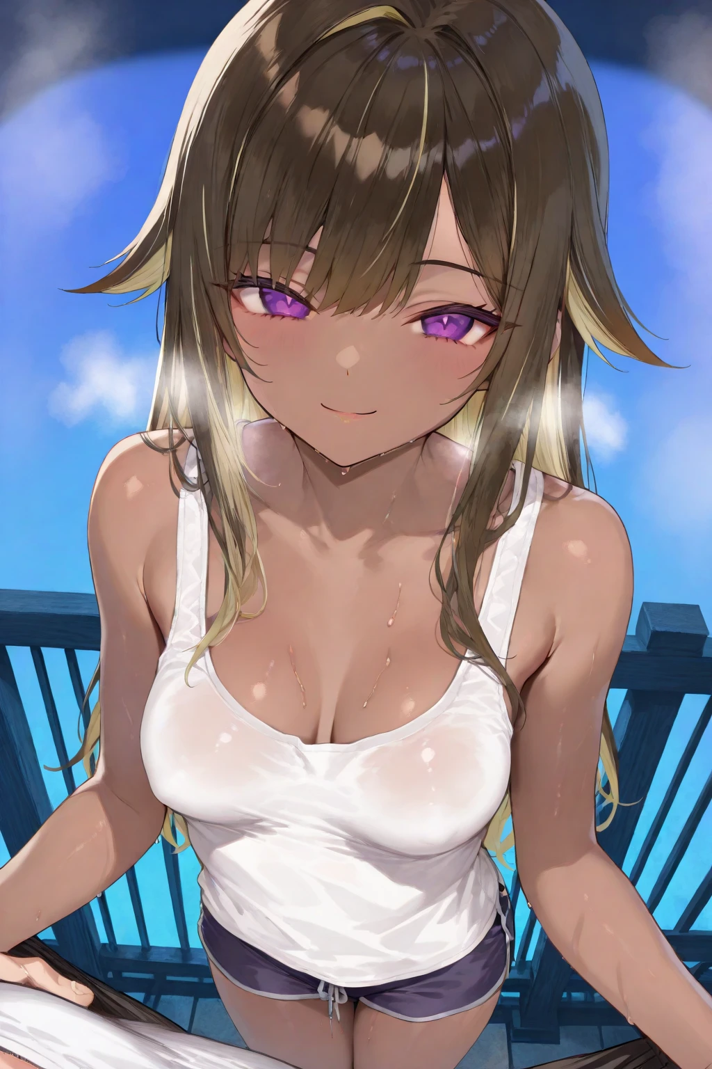 masterpiece, highest quality, close, Face shot, \(Umamusume\),((Purple micro bikini))、sit、Leg spread、semen、Mansuji、On the bed、Low - Angle、(((Big Breasts)))、Nightclub、Embarrassed、1st from the bottom.3