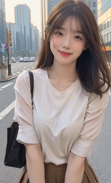 (1 Korean girl with royal sister style), ((best quality, 8k, masterpiece: 1.3)), (front photo), perfect body beauty: 1.4, (hips, extremely beautiful legs: 1.2), (smile), (Street: 1.3), highly detailed face and skin texture, delicate eyes, double eyelids, whitening skin, (shawl hair: 1.3), (round face: 1.5), (crop short sleeves: 1.4),