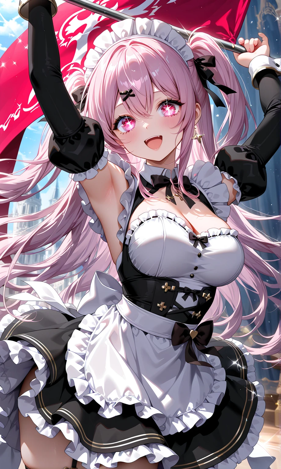(masterpiece), best quality, (((ultra detailed, 8k quality))), expressive eyes, perfect face, perfect anatomy, perfect body, (((1girl))), (cowboy shot), (pink hair, long hair, curly hair, white highlights, ahoge), (bear ears, fluffy ears), (brown eyes), (half-closed eyes), (heart hairpins), (fangs), thick lips, (huge breasts), ((perky breasts)), (((dark skin))), ((cleavage)), ((smile)), ((smirk)), ((thick thighs)), ((wide hips)), ((thighhighs)), ((blunt bangs)), babydoll, black negligee, thong, navel,