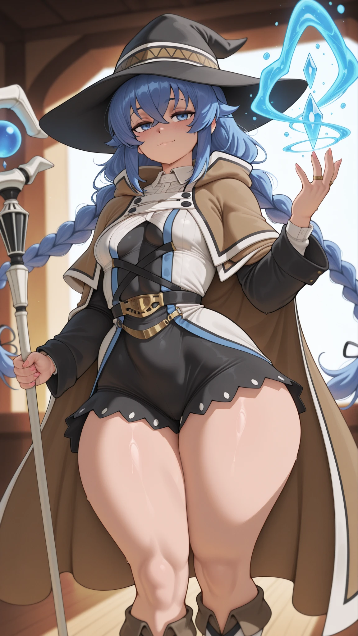 hair with 2 braids, Best quality, (Masterpiece:1.2), Detailed,
1girl, only, open mouth, light smile,
twin braids, long hair, blue hair, blue eyes,
, black hat, naked girl, naked girl, short black plated skirt, topless, topless, 
, Looking at the viewer, kneeling, kneeling, 
outdoor, Grass, tree, mountain, , naked girl, show pussy, pussy view, view from below, , Witch hat, Witch hat, pantiesless,