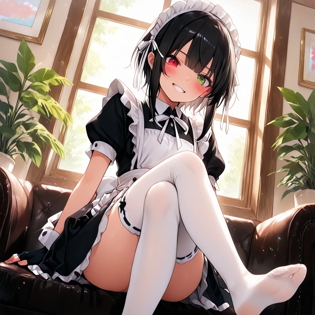 masterpiece, best quality, ultra detailed, 1girl, (loli:1.4), infant, 10 years old, flat breast, pregnant, (semen from pussy:1.4), (bare pussy:1.4), lift skirt, a large amount of semen, naked, uncensored, maid, black hair, long hair, purple eyes, ashamed, sad smile, shed tears, blush, sitting, in cafe, from below, from front