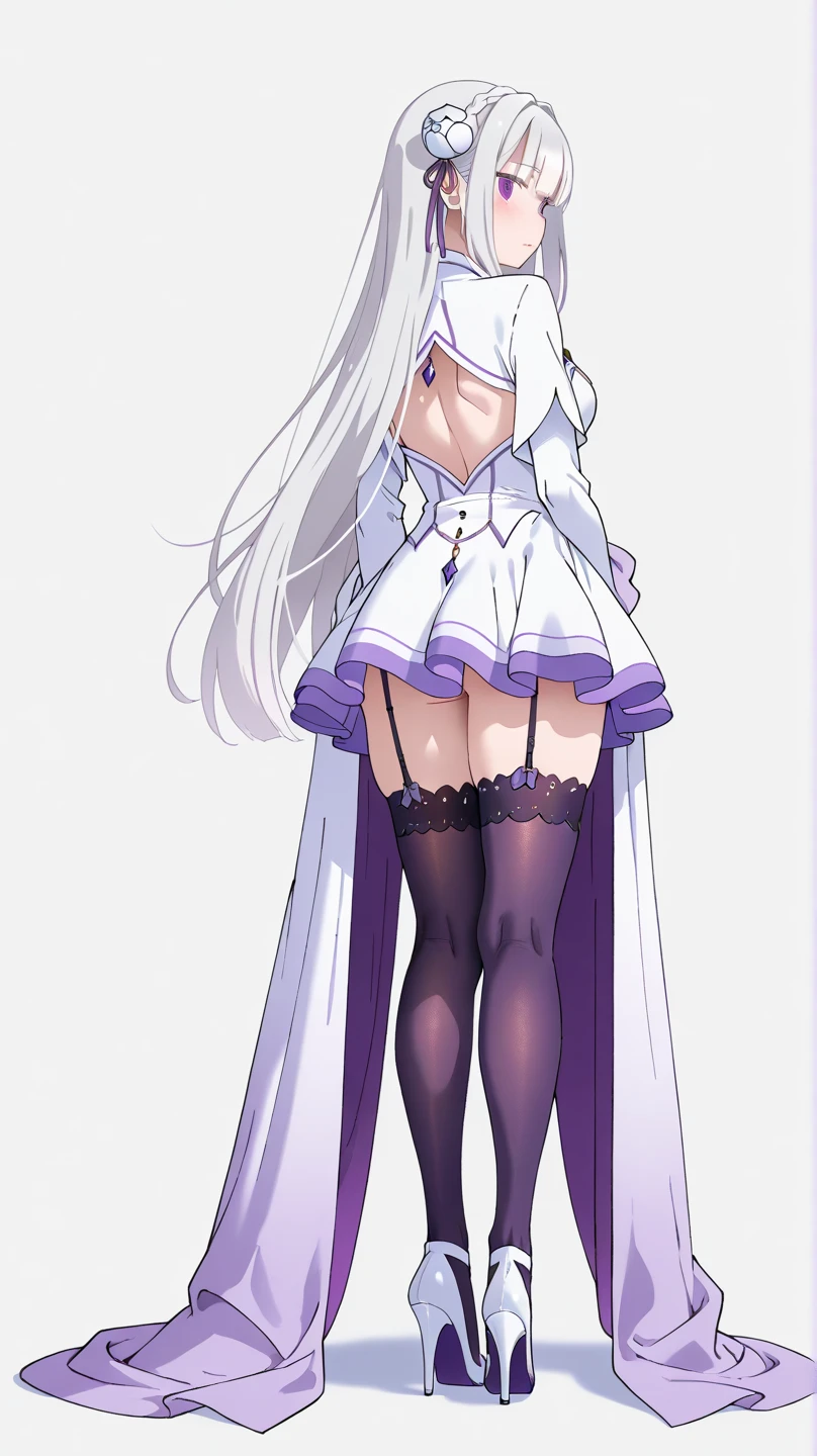 prison, ((from below)), ((full body)), foot focus, ((white high heels focus)), femdom, dominatrix, ((looking at viewer)), ((female standing)), evil grin, ((bare shoulders)), ((white bustier)), ((white stockings)), ((white g-string)), ((white high heels)), ((White garter belt)), ((white elbow gloves)), 独奏,
One girl, Long Hair, Purple eyes, chest, Ahoge, very Long Hair, large breasts, ribbon, hair ribbon, ponytail, bangs,
