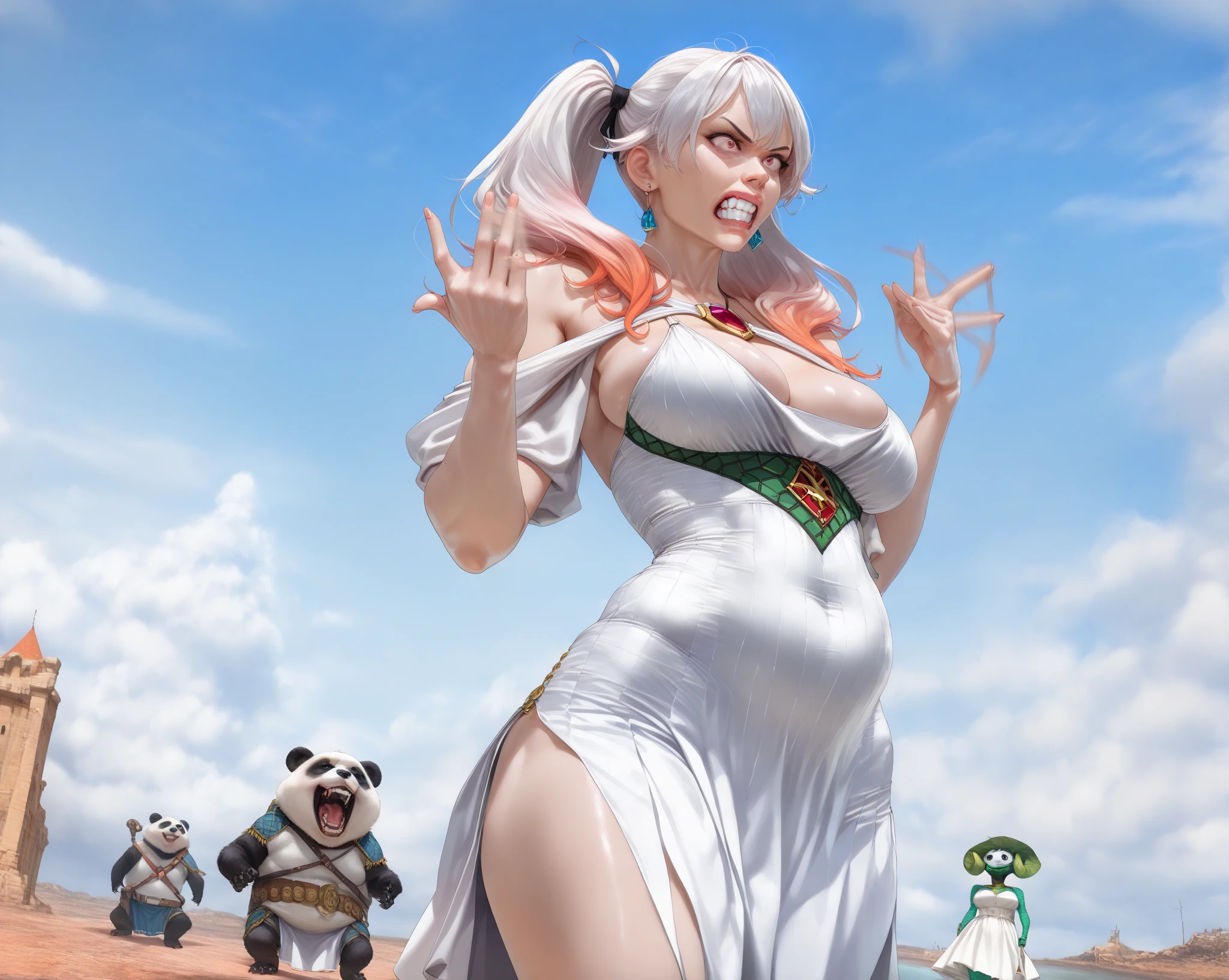 ((ultra-detailed)), (best quality:1.0), (highly detailed:1.0), (full body: 2),<lora:yamatowanpi3_64dim-5e-5:1>, yamatowanpi,1girl, armpits, bare arms, bare shoulders, breasts, brown eyes, cleavage, collarbone, earrings, hand on hip, hoop earrings, horns, japanese clothes, jewelry, large breasts, long hair, open mouth,circle symmetry rope, shimenawa, sideboob, sidelocks, sleeveless, sleeveless kimono, smile, solo, standing center of picture,straight face, away from viewer, golden ratio, --ar 1:3 <lora:add_detail:1>, beach at night background with huge symmetry moon