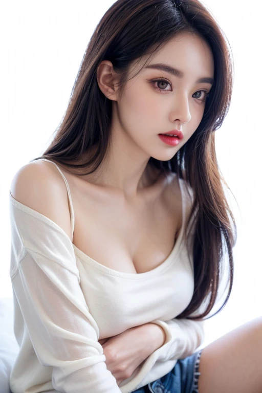 (in perspective) a gorgeous sexy brunette woman perfect 23-year-old secretary straight hair with ponytail oily silky white skin (damp) fleshy lips, (photorealistic:photorealistic, 8k masterpiece), large breasts wearing with a tight white dress shirt (highlight on breasts), sitting at a restaurant table holding a cup of coffee (hyperrealistic: realistic, environment with intricate details), with a sensual feature on the face: (texture and environment professional photography pure perfect lighting).