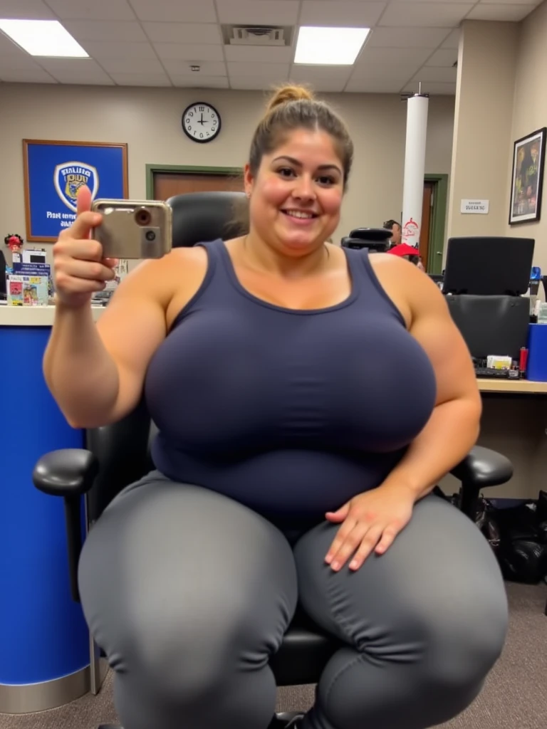 Thick bottom heavy, curvy, wide hipped 30 year old british woman, she is wearing a business suit, she is laying on her belly, she gets bloated and inflated like a gigantic fat air baloon, she is laughing as she bounces in her office like a giant bouncy ball