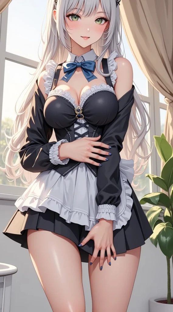 intricate, hyper detailed,  from below, skirt, pantyhose, panties under pantyhose, maid cafe, stockings, cat ears, (maid costume:1.2), bed, sleeping, choker, bowtie, (pleated skirt:1.3), lora:shirtliftALORAFor_shirtliftv1:1.5, lora:breastinclassBetter_v141:.5 , extremely detailed eyes, extremely detailed face, cute, (photorealistic:1.3), sexy lips, seductive smile, double eyelids, eyelashes, pale skin, perky breasts, full body portrait, textured skin, 4K, RAW, best quality, sharp, hyper realistic, tall, (long slim legs:1.2), (thigh gap:1.2), blush, delicate and beautiful girl, 1girl, solo, (stunningly attractive:1.3), (dramatic:1.2),(masterpiece, best quality, ultra detailed, 8k, RAW photo:1.2), (Unreal Engine, photorealistic:1.1), (beautiful detailed face, a photography of a beautiful girl), (cowboy shot:1.2), (looking at the camera:1.1) BREAK (1girl), (full body:1.2), (beautiful hair), (extremely detailed CG unity 8k wallpaper of a girl with kawaii hairstyle and white marble glowing skin and perfect symmetrical pretty face:1.3), (blue hair:1.3), (sad:1.2), soft light, (over 12 years old, under 20 years old:1.2) BREAK ), gigantic breasts from azur_lane, (cleavage:1.2), (sexual pose:1.3) BREAK (on the coffee shop:1.3), (see the persons:1.2), (looking from behind:1.2), taken by Canon EOS, SIGMA Art Lens 35mm F1.4, ISO 200 Shutter Speed 2000