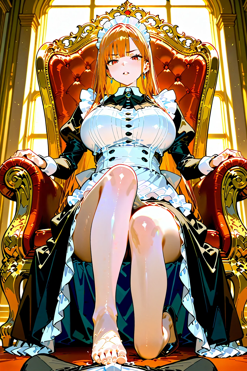 Hi res, masterpiece, 8k, NSFW, kagamine rin, (she has gigantic tits: 1.6), (she has dense blonde pubic hair: 1.6), (orange long queen dress: 1.4), (white lace stockings: 1.4), (white high heels: 1.4), (diamond crown: 1.4), in a throne room, with red drapes on the wall behind her, (she is sitting with her legs spread wide on a luxurious gold throne with exposed vagina: 1.4), (squirting love juice: 1.5), erotic face, erotic open mouth, smiling, erotic gaze, partially closed eyes, looking at the viewer (front view: 1.4)