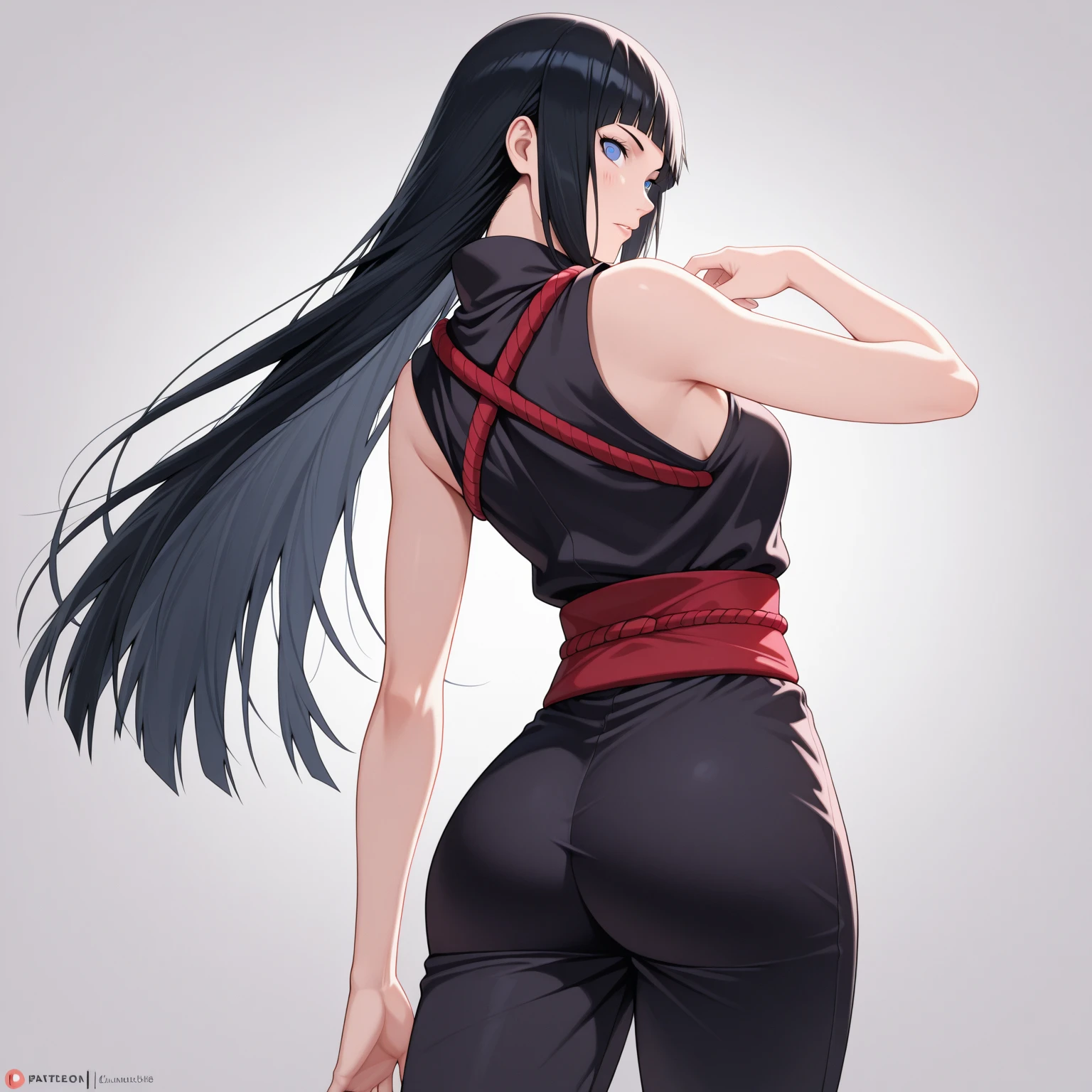 (（（Perfect body,White and tender skin,（（（Orange shirt, black leggings, shirt accessory, waist accessory, scarf, leg warmers, shoulder pads, detached sleeves, ）））,（（（shihouin yoruichi，Golden pupil，1girl，dark-skinned female，独奏，ponytail，long purple hair ））），((masterpiece)),high resolution, ((Best quality at best)),masterpiece,quality,Best quality,（（（ Exquisite facial features,Looking at the audience,There is light in the eyes,Smile））），From the back）））,（（（Light and shadow,）））,（（（Looking at the camera,White background,)））),