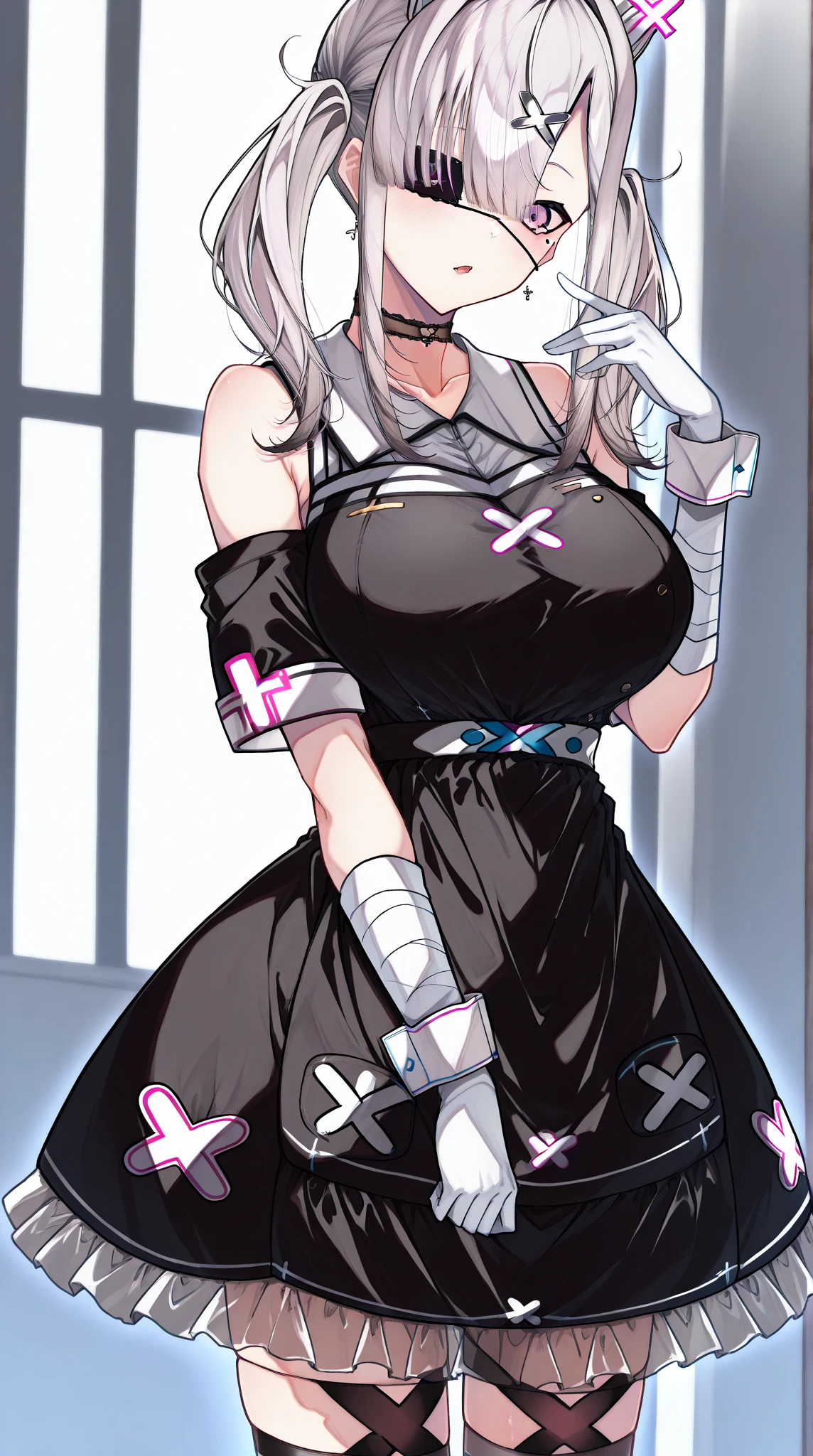 black blindfold, seductive smile, lips, _2b, blindfold, black blindfold, short hair, silver hair, black hairband, large breasts, breasts, 1girl, bare_shoulders, looking_at_viewer, dress, covered_navel, cleavage, ribbon, large_breasts, solo, hairband, collarbone, choker, detailed skin texture, (blush:0.5), (goosebumps:0.5), subsurface scattering, "RAW candid cinema, 16mm, color graded portra 400 film, remarkable color, ultra realistic, textured skin, remarkable detailed pupils, realistic dull skin noise, visible skin detail, skin fuzz, dry skin, shot with cinematic camera",
