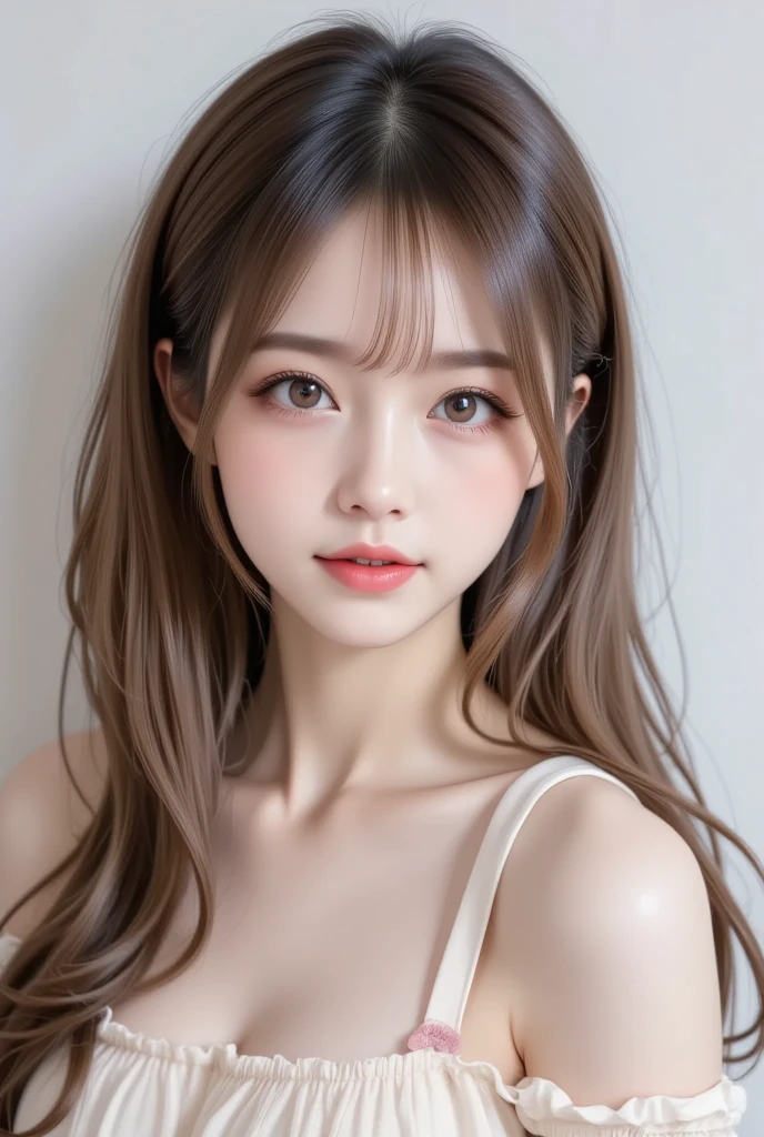 highest quality, realistic, 8K, High resolution, 1 girl, woman, (skin dents), (portrait:0.6), nice, ((white background, ?????, small breasts:1.65)), (long brown hair, parted bangs:1.4), looking at the viewer, (1 girl eyes looking at the viewer:1.6), realistic, (Bokeh), (closed mouth, smile:1.3), nice, Pueros face_V1:1,