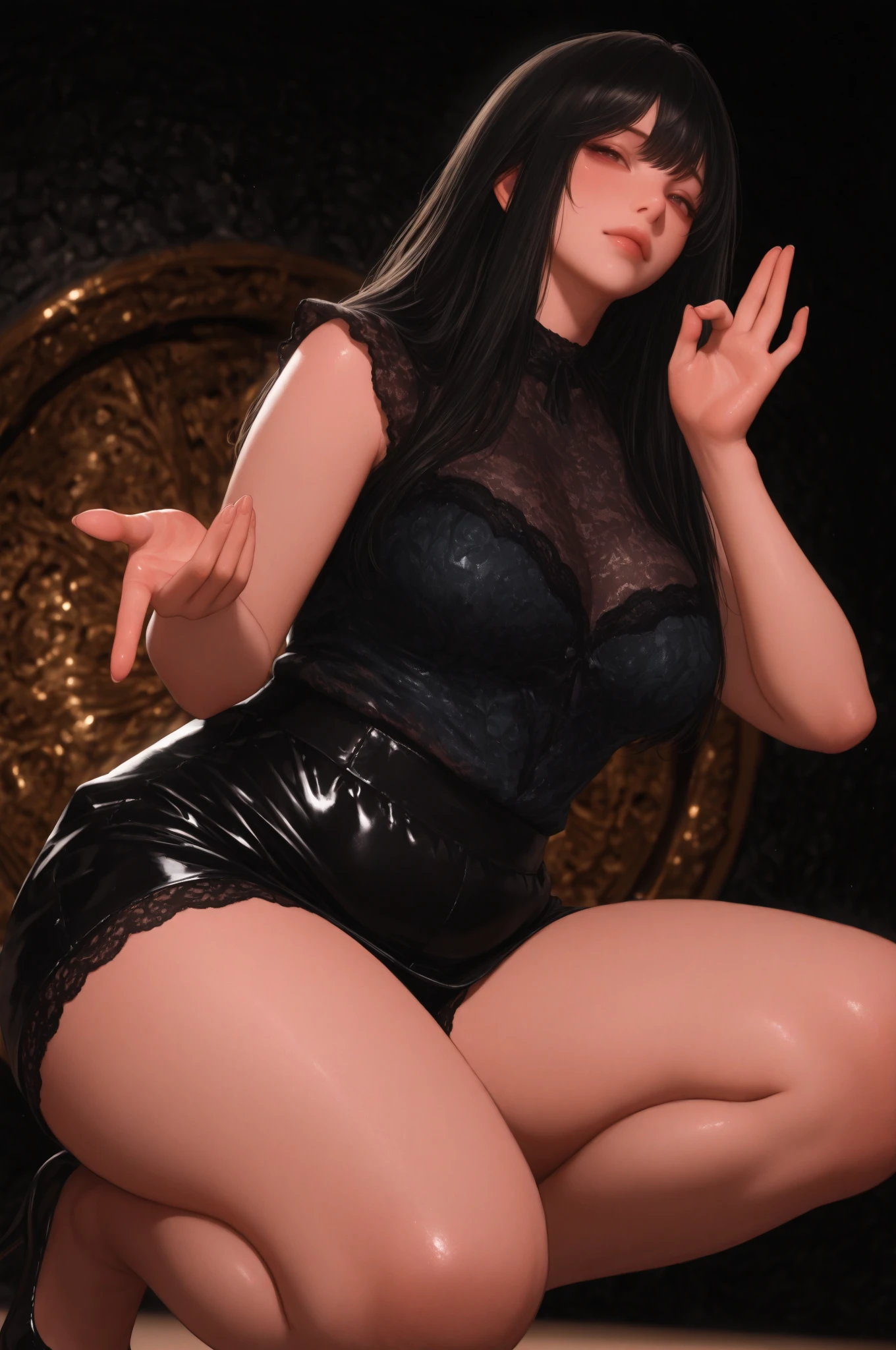 black long hair, huge 1,6, delicate hair, skin whitening, Sweater dress lying on its side, red eyes, red lips,perfect face, long tongue, Stick out your tongue,perfect body beauty 1.4
