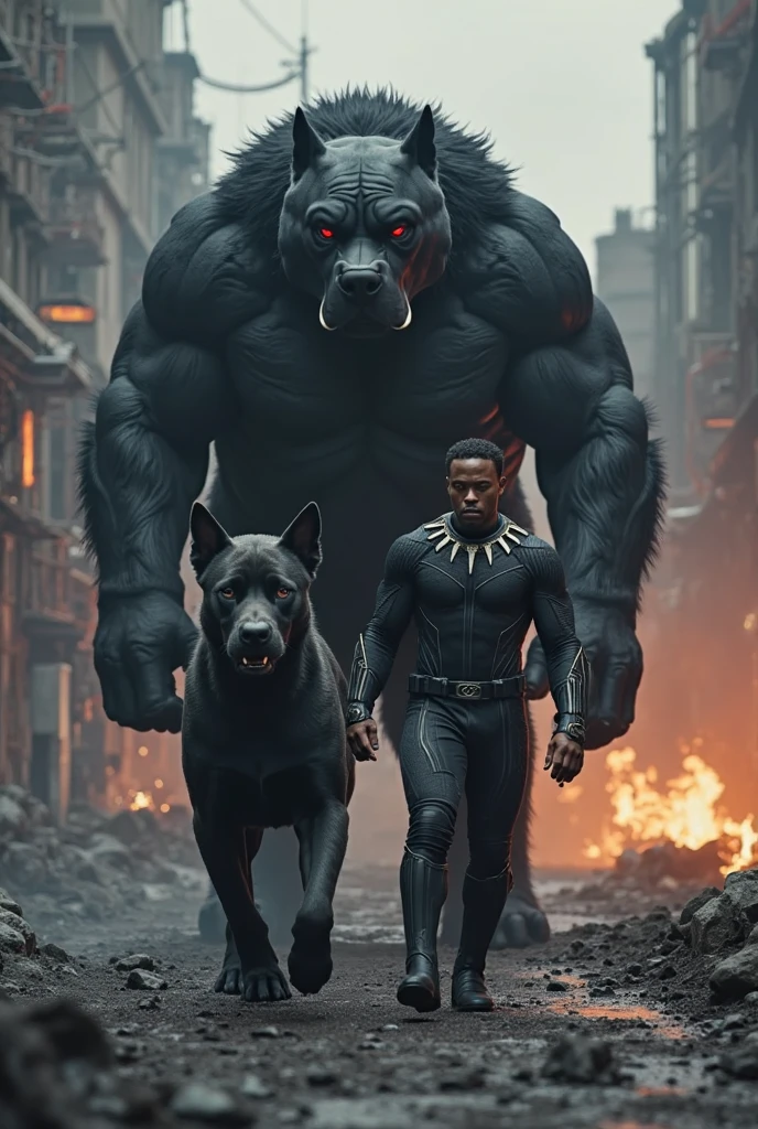 In front of him is a well-muscled dog, behind him is a huge dog with a puff of white smoke, the dog is half robotic