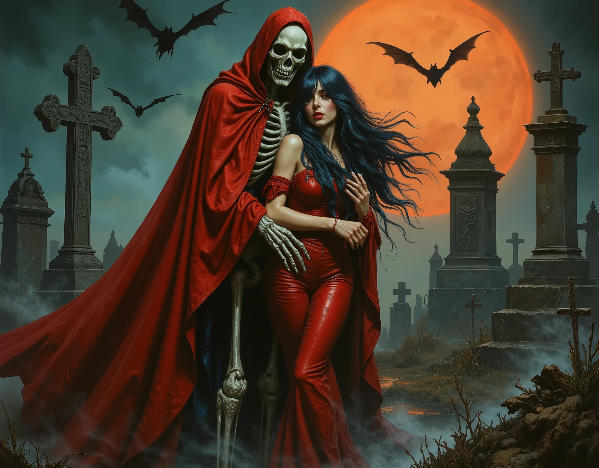 Create a classic European-style comic book cover featuring a dramatic graveyard scene. Depict a skeletal figure in a flowing red cloak embracing a woman with long, flowing blue-black hair, wearing a tight red outfit. Include a glowing orange sunset, bats flying overhead, and weathered tombstones with crosses in the background --an ominous mood, chilling atmosphere, smoky ambiance, cinematic composition, detailed, intricate, medium contrast, murky blue and green back lighting, volumetric lighting, Frazetta, Steranko, James Bama, classic fantasy art, lurid and vivid colors, perfect anatomy, masterpiece, HD, 8x, "anatomically correct human" "realistic proportions" "natural human pose" "full figure, accurate anatomy" "correct fingers and joints" 1950s cinema, moody lighting, chiaroscuro, Italian pulp comic color palette, saturated dark orange tones and dark muddy greens, sparse red tinges on the edges of objects, film grain, foggy lens, dramatic shadows, unnatural angles, the edges of image are slightly worn and dark, Suspended reality and dreamlike quality, Symbolic and grotesque imagery, Intricate lighting and shadow play, Stylized color palettes, Dynamic framing and composition