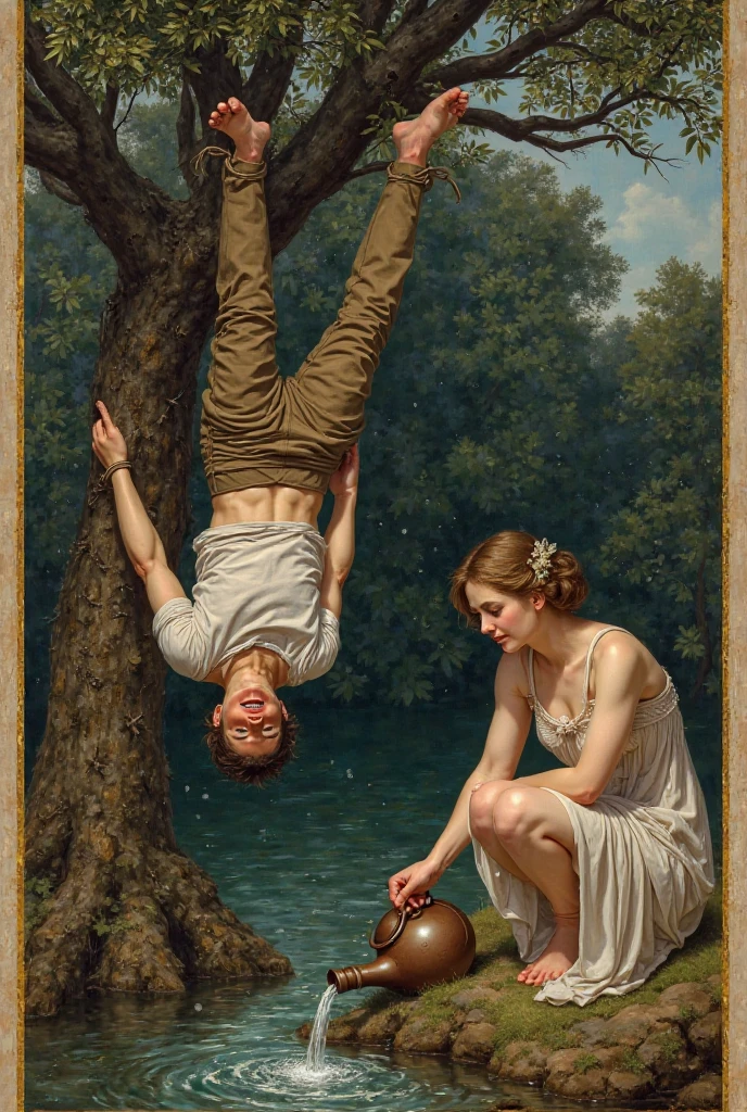 Je souhaite créer un tableau de Narcisse Homme nue en funambule au-dessus de l'abîme, une femme le regarde et et tient la corde pour qu'il puisse traverser et la rejoindre