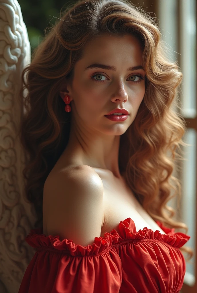 [white-skinned woman:1.2, long curly hair:1.2, elegant red dress, snub-nosed, bright brown eyes], awesome breasts, VSCO filter: C8