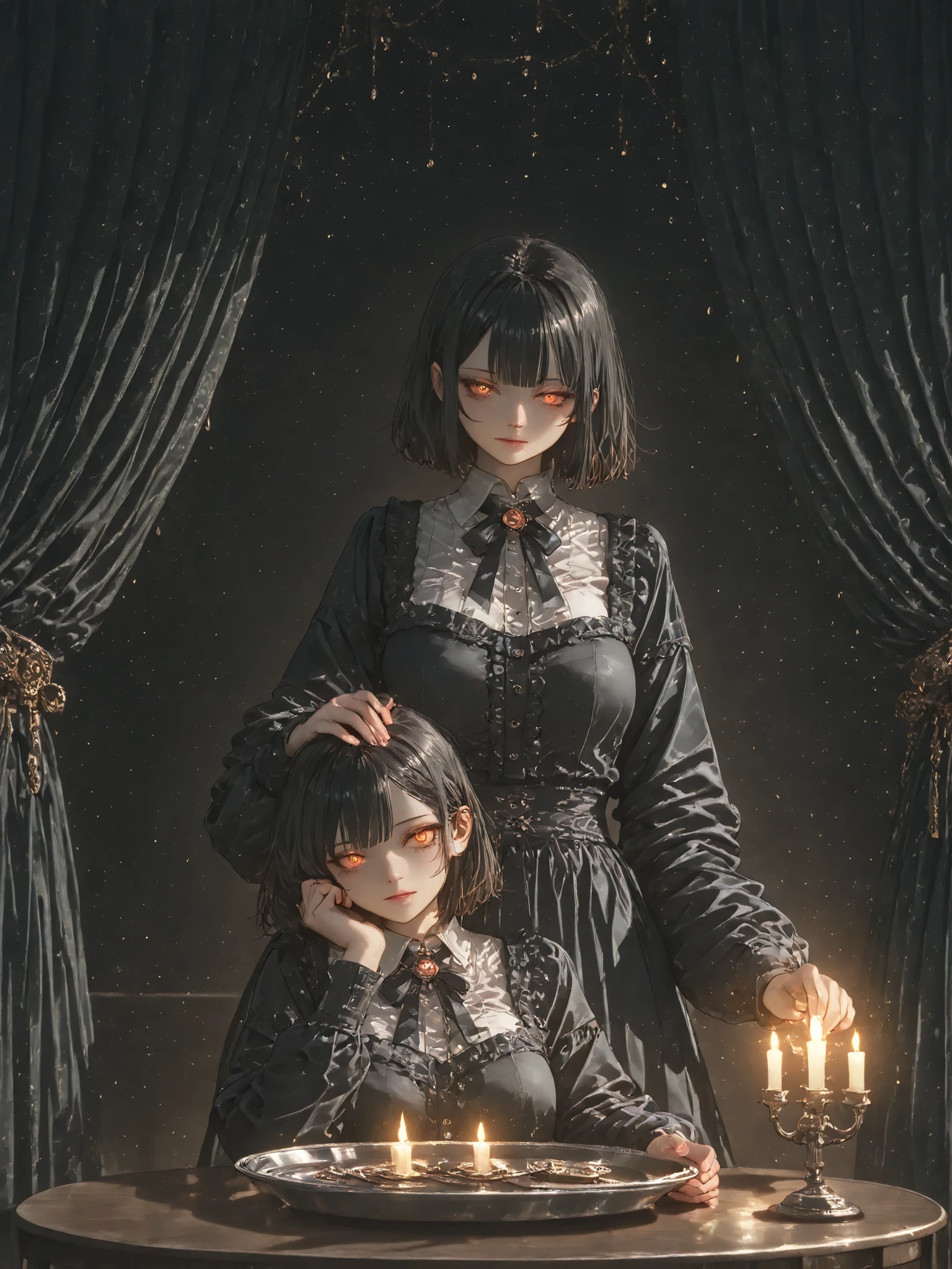 Mysterious maid with disheveled black hair and glowing orange eyes, одетая в traditional черно-белый наряд горничной с оборчатыми краями, stands in a dark room with heavy curtains, holding a shimmering silver tray,high quality image,photorealistic,detailed,deep sharpness,Strong lighting, elegant,gothic,vintage , traditional,perfect composition,detailed drawing,bright colors,ominous atmosphere