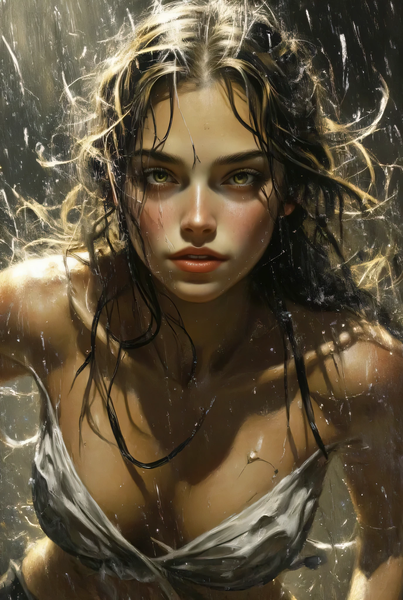 A beautiful girl running wet in a fierce squall、Hide your head in a small bag、It has a very happy expression、 My long hair is wet 、It's raining but the sunshine is shining、Beautiful scenery after the rain, very detailed, A masterpiece of style by Anders Zone and Alexi Briclo,