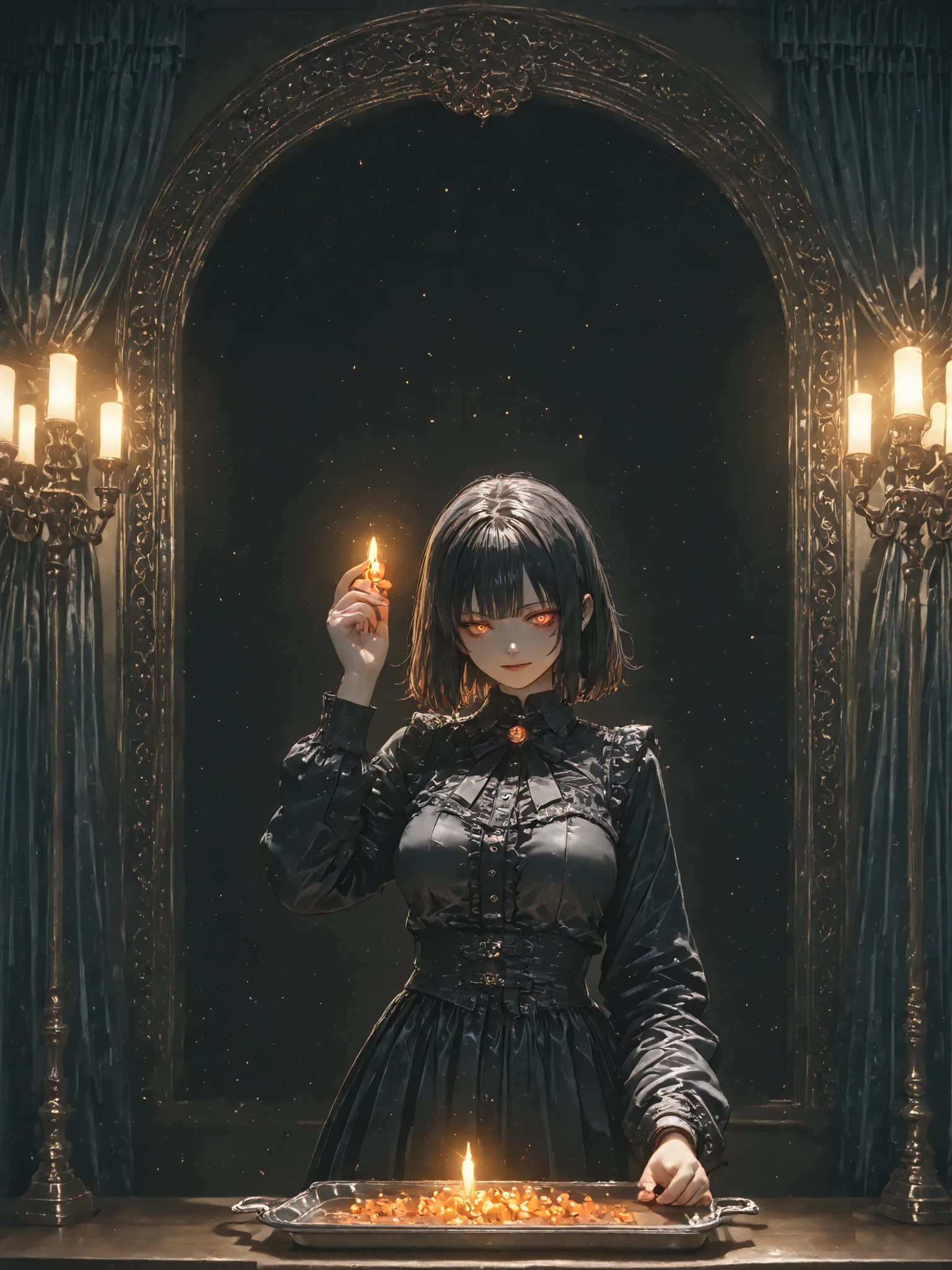 , a mysterious maid with disheveled black hair and glowing orange eyes, одетая в traditional черно-белый наряд горничной с оборчатыми краями, stands in a dark room with heavy curtains, holding a shimmering silver tray,high quality image,photorealistic,detailed,deep sharpness,Strong lighting, elegant,gothic,vintage , traditional,perfect composition,detailed drawing,bright colors,ominous atmosphere