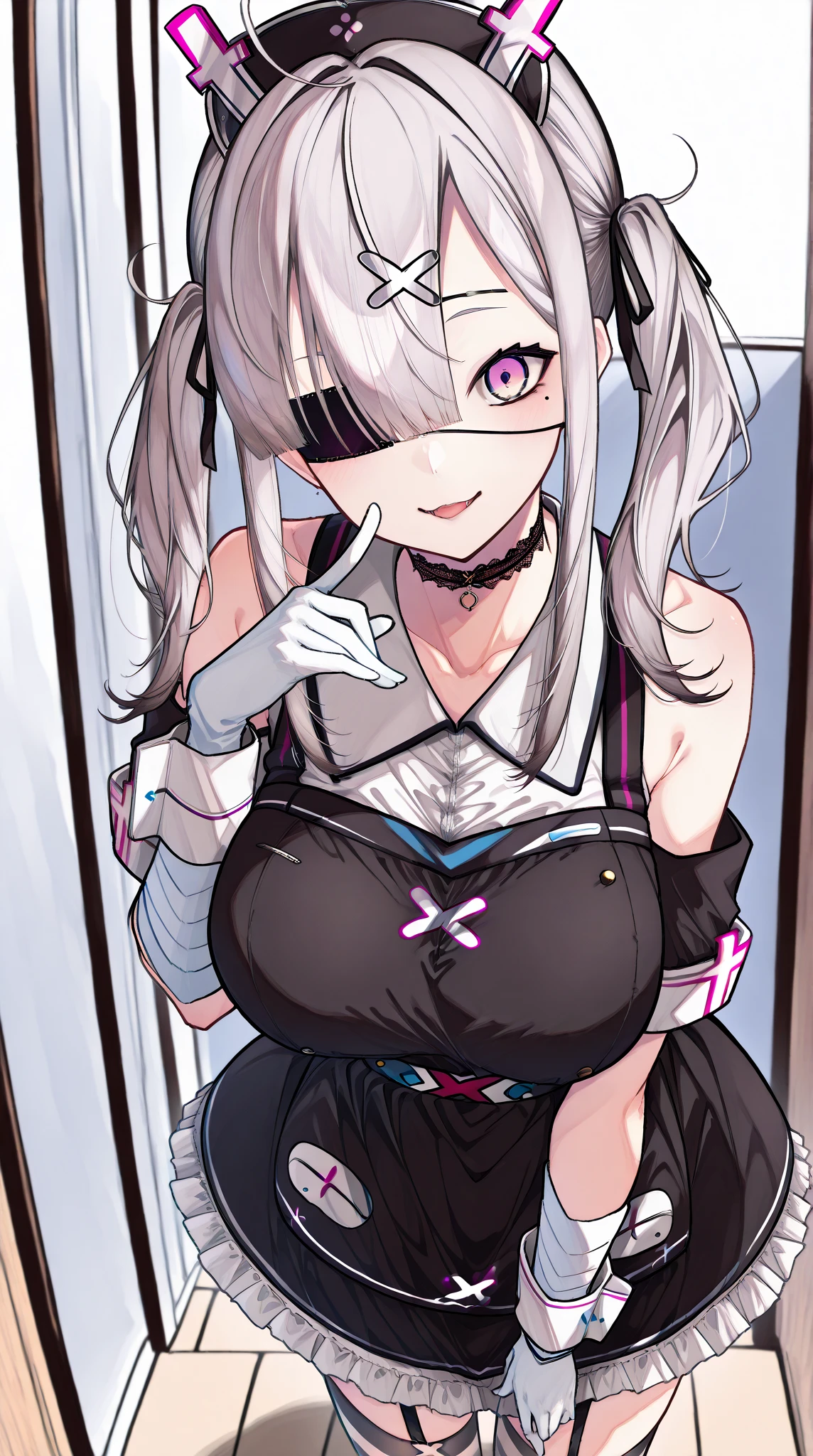 Cute rabbit girl，Silvery-white pupils，Pink purple dress，Juvenile loli face，But breast enlargement and slimming waist，The figure is good