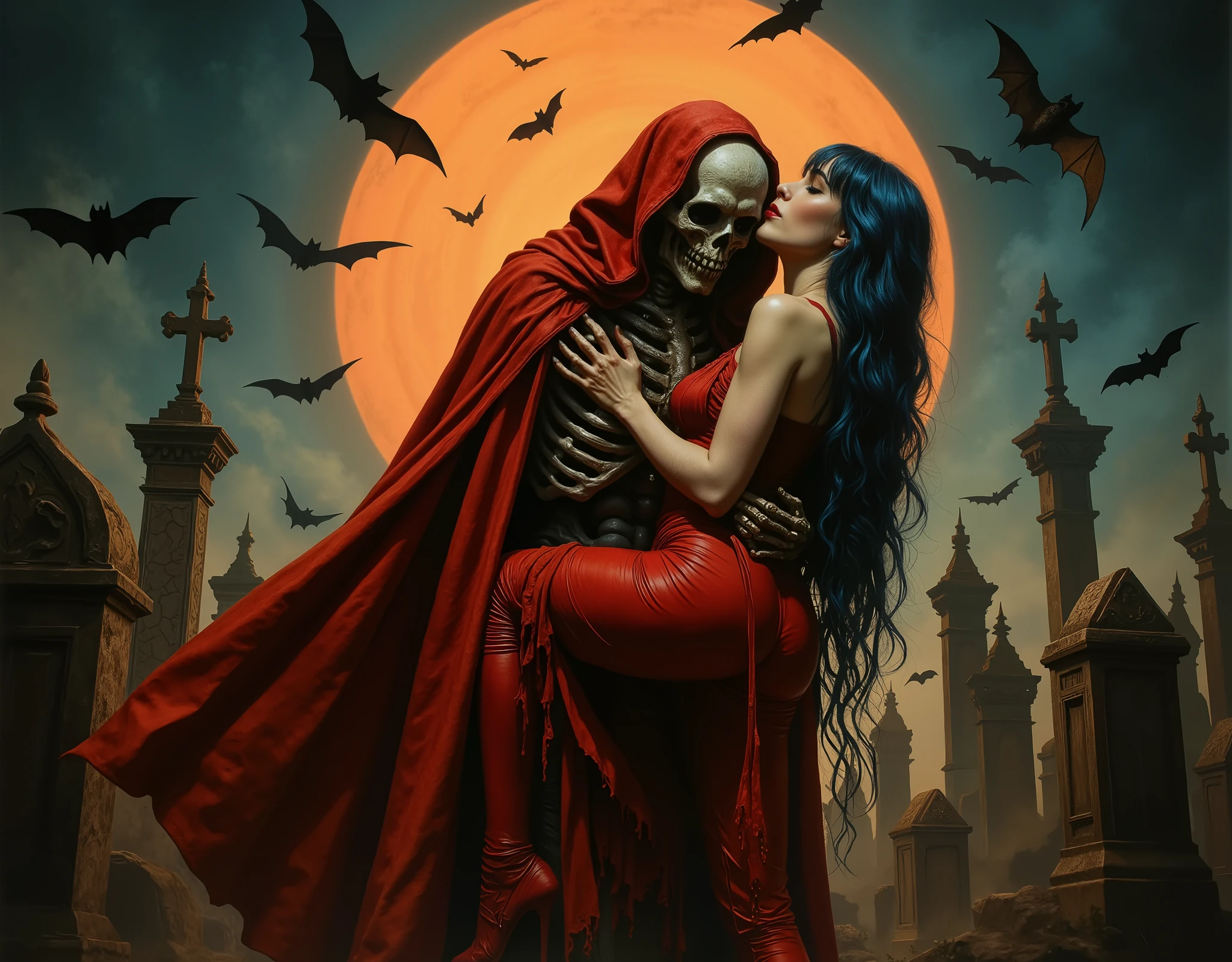 Create a classic European-style comic book cover featuring a dramatic graveyard scene. Depict a skeletal figure in a flowing red cloak embracing a woman with long, flowing blue-black hair, wearing a tight red outfit. Include a glowing orange sunset, bats flying overhead, and weathered tombstones with crosses in the background --an ominous mood, chilling atmosphere, smoky ambiance, cinematic composition, detailed, intricate, medium contrast, murky blue and green back lighting, volumetric lighting, Frazetta, Steranko, James Bama, classic fantasy art, lurid and vivid colors, perfect anatomy, masterpiece, HD, 8x, "anatomically correct human" "realistic proportions" "natural human pose" "full figure, accurate anatomy" "correct fingers and joints" 1950s cinema, moody lighting, chiaroscuro, Italian pulp comic color palette, saturated dark orange tones and dark muddy greens, sparse red tinges on the edges of objects, film grain, foggy lens, dramatic shadows, unnatural angles, the edges of image are slightly worn and dark, Suspended reality and dreamlike quality, Symbolic and grotesque imagery, Intricate lighting and shadow play, Stylized color palettes, Dynamic framing and composition