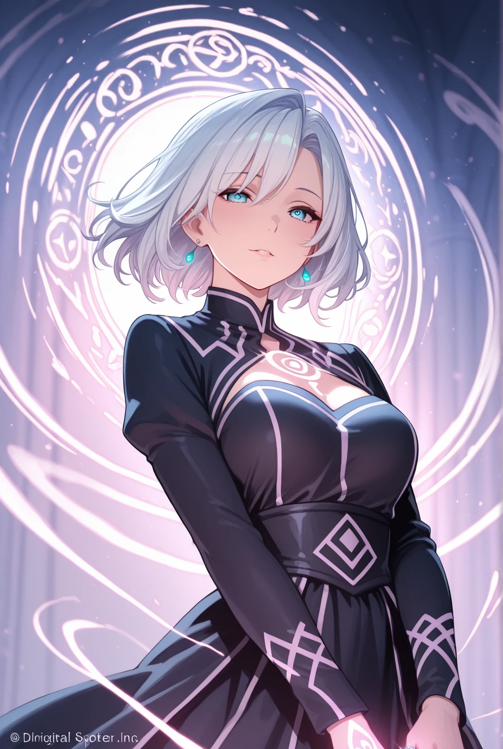 One-armed disabled woman，White short hair，Wild expression，Pure black slim suit and black gloves