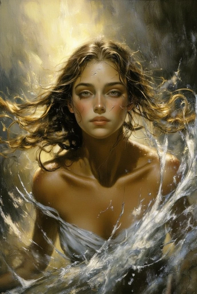 Oil paints，acrycle painting，masterpiece，Renaissance style，(Masterpiece, Top quality, Best quality, offcial art, Beautiful and aesthetic:1.2), close view of full body nude young belgian woman, in erotic pose , hairy intimate hairstyle pubic , background ocean waves with foam, thunderclouds, lightnings