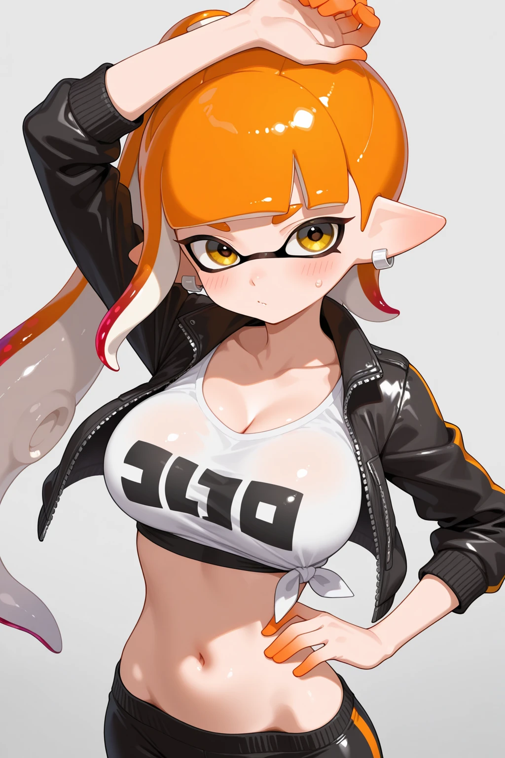Anime illustration、highest quality、Uplifting、Plump female gang、Perfect proportions、Sex Appeal、Overwhelmingly large breasts、Fatty legs、Plump buttocks、Splatoon、Inkling、Hatsune Miku、Tank top、hot pants、Street、Graffiti on an ink-stained wall、smile、Beautiful, shining eyes、Cowboy Shot、Military magazine cover、Heading、Stylish fonts