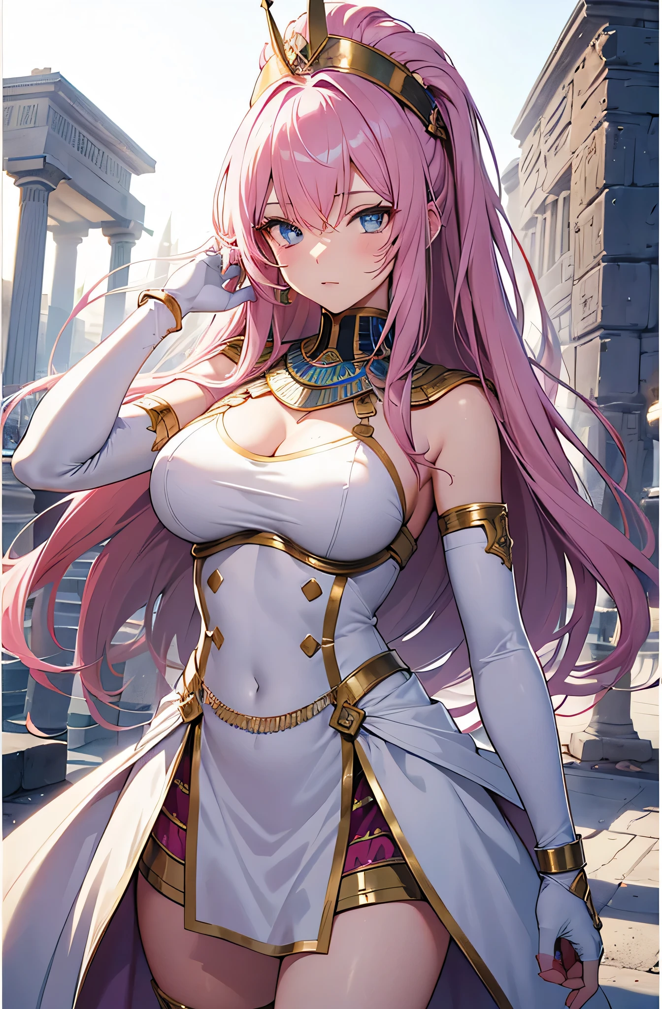 ((Highest quality)), ((masterpiece)), (detailed), （Perfect Face）、The female pharaoh is Lacus Clyne, a magnificent female pharaoh with blue eyes, pink medium-long hair, wearing a gorgeous pharaoh outfit and a gorgeous pharaoh headgear.、Female pharaohs are in ancient Egyptian ruins