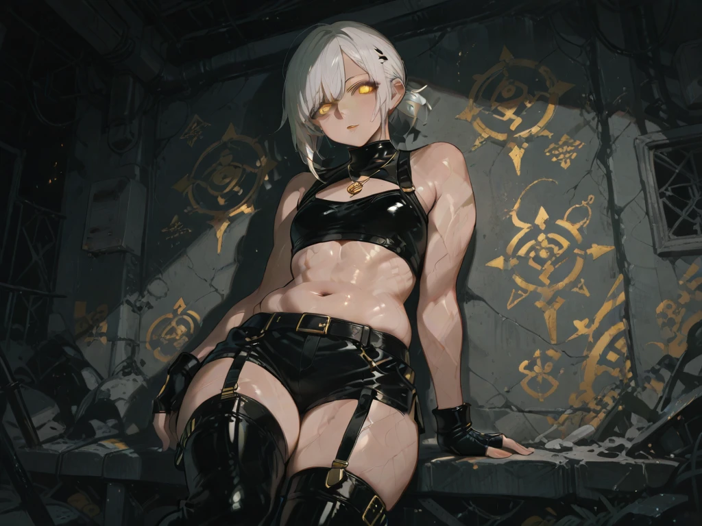 score_9, score_8_up, score_7_up, score_6_up, score_5_up, score_4_up, source_anime, 1girl,white hair,ponytail,close your eyes,w-w-chain, spread arms, messy hair,Bikini,thigh high boots,black boots,platform,On my knees, dark dungeon,prison, best quality, best res, 4K UHD,
 