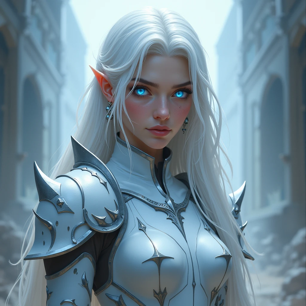 masterpiece, best quality, ultra-detailed, high resolution, 40 years old woman, grey skin, female dark elf, white hair, scars in the face, dirt in the face, black leather armor, blue cave background, full body, some wrinkles in the face, detailed pupils, detailed eyes, short body, grey body, grey skin color