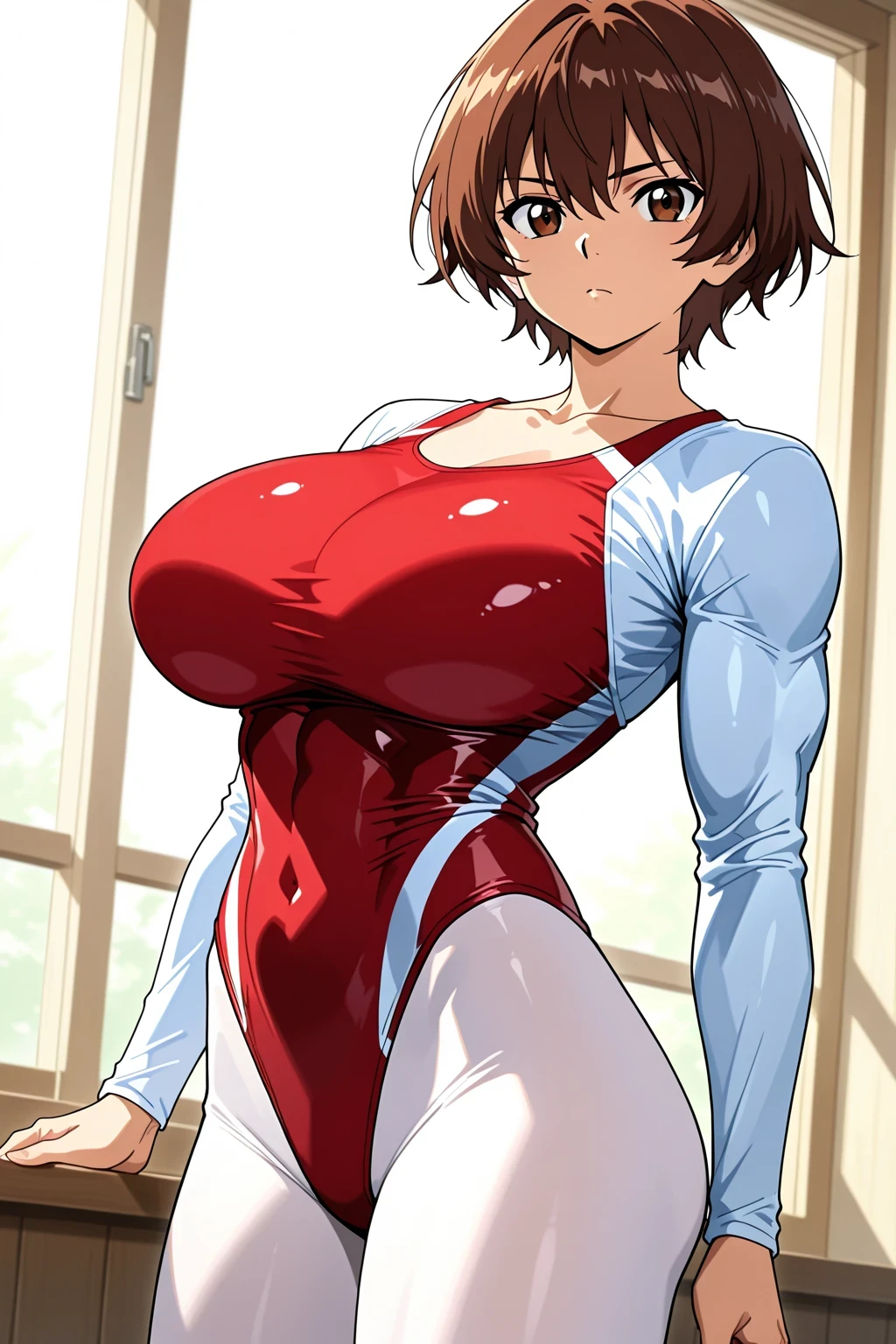 Rangiku Matsumoto、Orange Hair、Short Hair、Grey Eyes、Parted bangs、Wavy Hair、20s style、Big Breasts、A woman with very large breasts、Adult、Sexy look、Relaxed facial expression、Green leotard、gym、Are standing、1 female、plain leotard、solo、Long sleeve、High leg、U-neck、masterpiece、Highest quality、High resolution、Perfect lighting、Toned body、Tall Woman、Highly detailed CG、leotard with an green、Perfect hands、leotard sleeve with an long sleeve、leotard neck with an U neck、leotard waist with an high leg、Perfect Anatomy、Stylish pose、Stylish angle、Looking at the audience、centered in picture、Cowboy Shot、