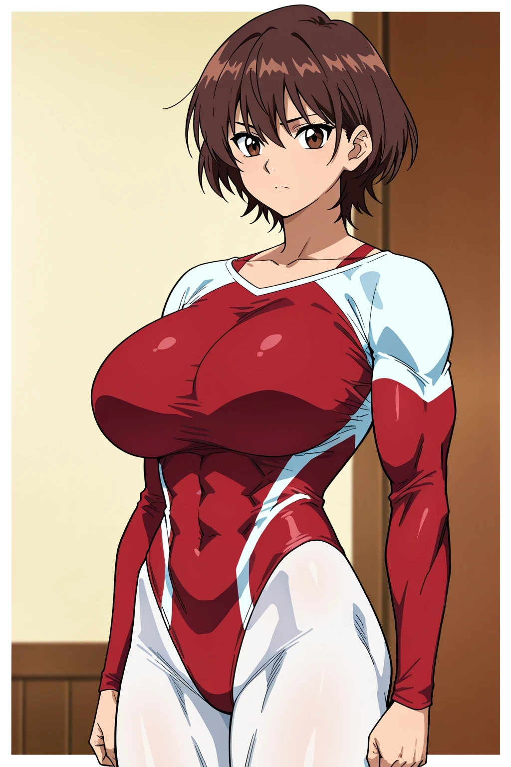 score 9 , score 8 up, score 7 up, source anime, 傑作, best quality, best imagequality, best resolution, anime coloring, 1woman, Close-up of a woman with short brown hair, muscular and strong, brown eyed woman, solo, huge breasts, strong muscles, very large breasts, made by an anime artist, huge boobs, outfit:red leotard, long sleeve, covered biceps, covered triceps, collarbone, collarbone, woman is standing, leotard with an red, anime style, muscular woman, muscular and feminine, skin tight leotard, very tall womam, leotard front body with an red, leotard backbody with an red, leotard sleeve with an long sleeve, 女子高校生, 大人の色気, wearing a white pantyhose, アニメチンコ!!!!, skin tight pantynose, The leotard has long sleeves, The collar of the leotard is a u neck, The lower half of the leotard is high leg cut, pantyhose with an white, leotard and pantyhose only, cowboy shot, looking at viewer, female focus,