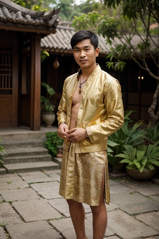 (masterpiece:1.2, photorealistic:1.4, ultra realistic, super detailed, 4k, best quality), an 16-year-old Chinese boy wearing only a shear see-through green silk sarong in a chinese garden, young face, chinese idol, very slim body build, skinny, twink, light muscle definition, young boy, handsome face, Cute and lively, detailed eyes, detailed face, Pectoral and abdominal muscles, Raised pectoral muscles, full body image, Super refined, detailed face, detailed eyes, ultra realistic skin, shot on Nikon d850 50mm, dlsr, RAW, natural day time lighting